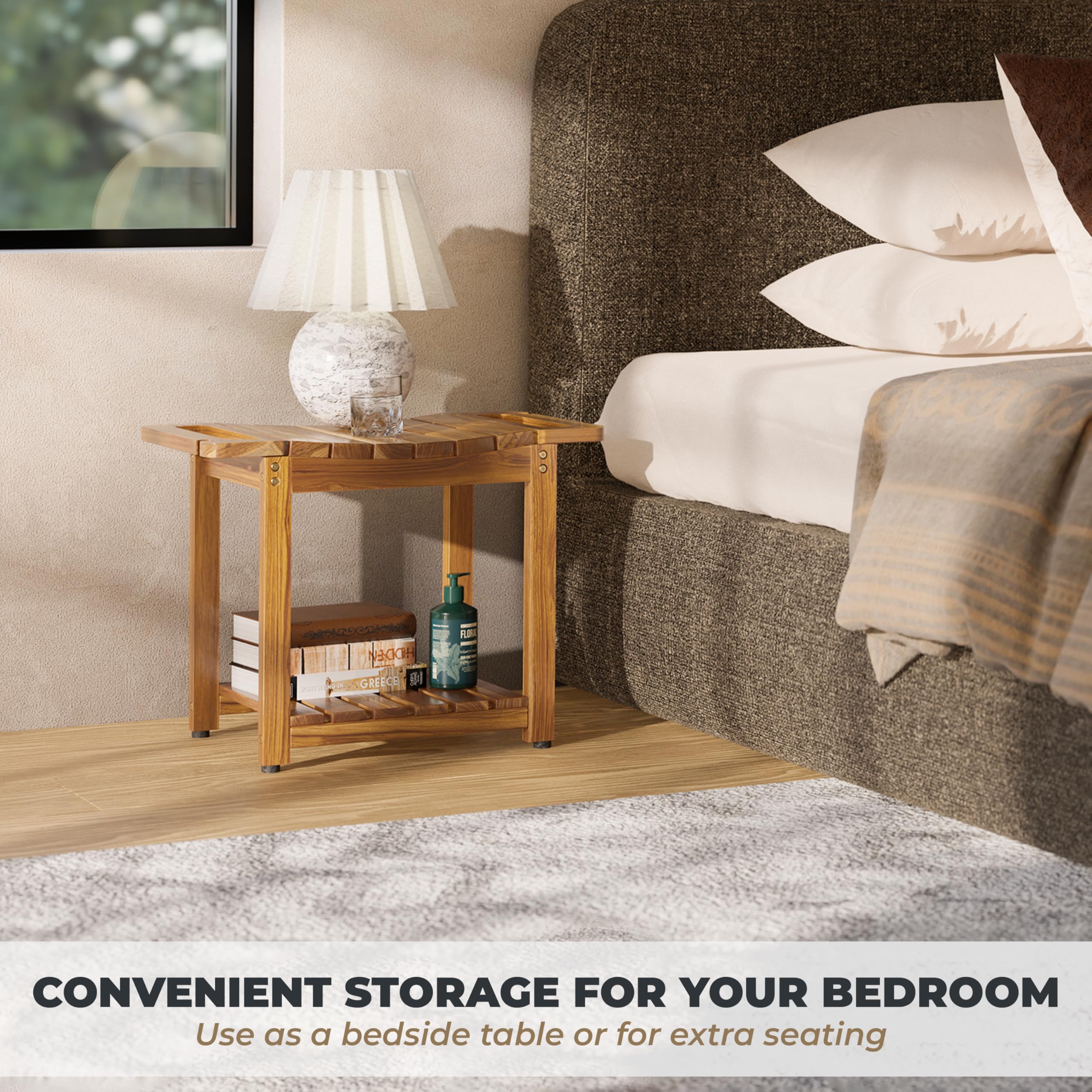 LotusSway Teak Shower Bench Seat with Storage Shelf, Wood Shower Benches for Inside Shower to Sit on, Teak Shower Stool & Spa for Elderly with Shower Head Holder & Built in Handle for Bathroom/Outdoor
