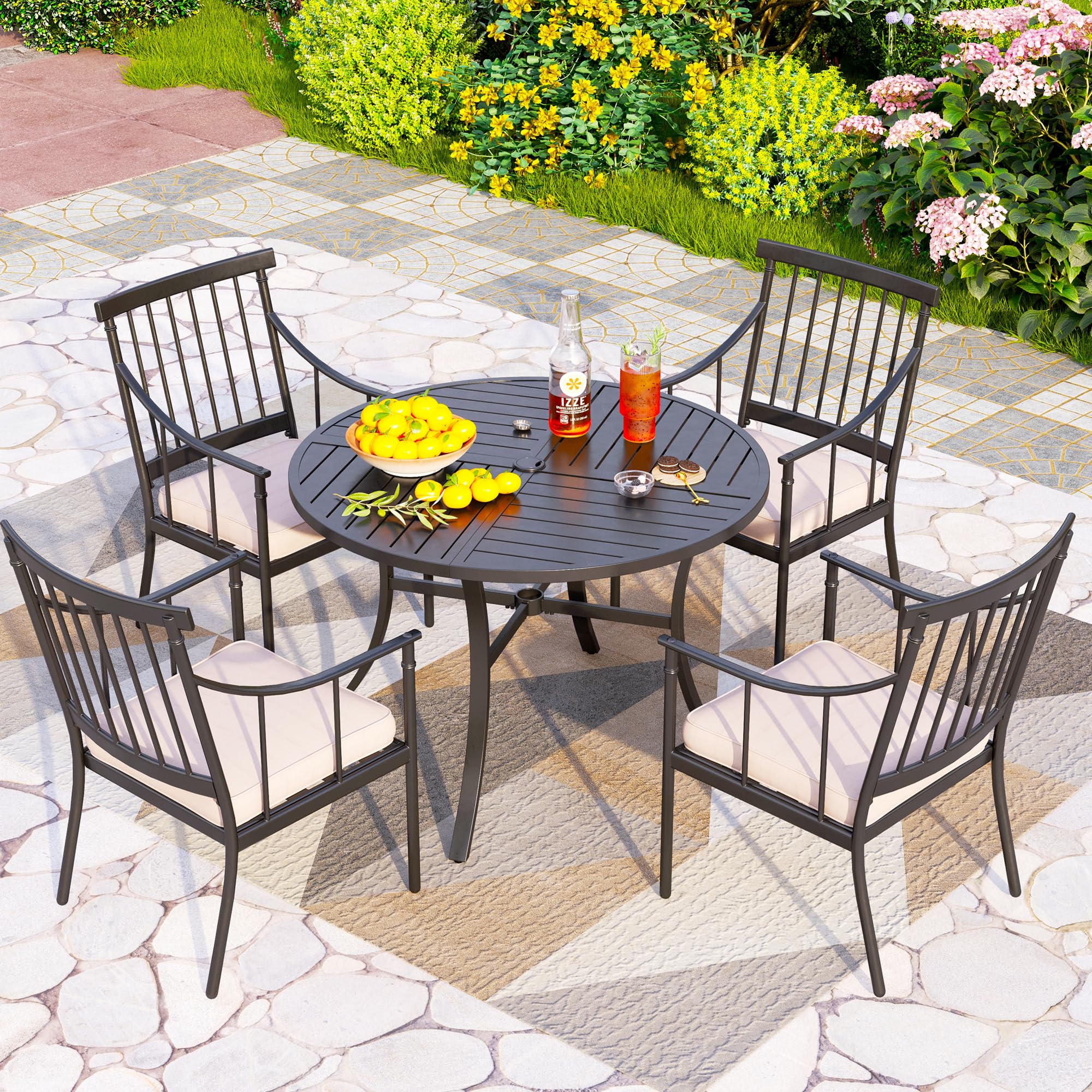 Outdoor Round Dining Table for 4, 42" Large Metal Wrought Iron Table
