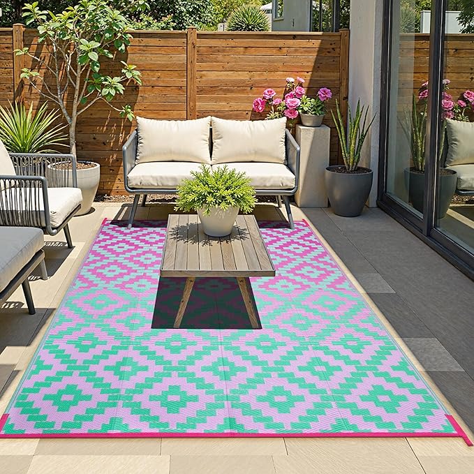 Ombre Outdoor Area Rugs 8x10 Waterproof, Reversible Plastic Straw Outside Rug