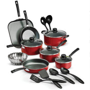 18 Piece Nonstick Cookware Set - Red - Aluminum Construction, Dishwasher Safe