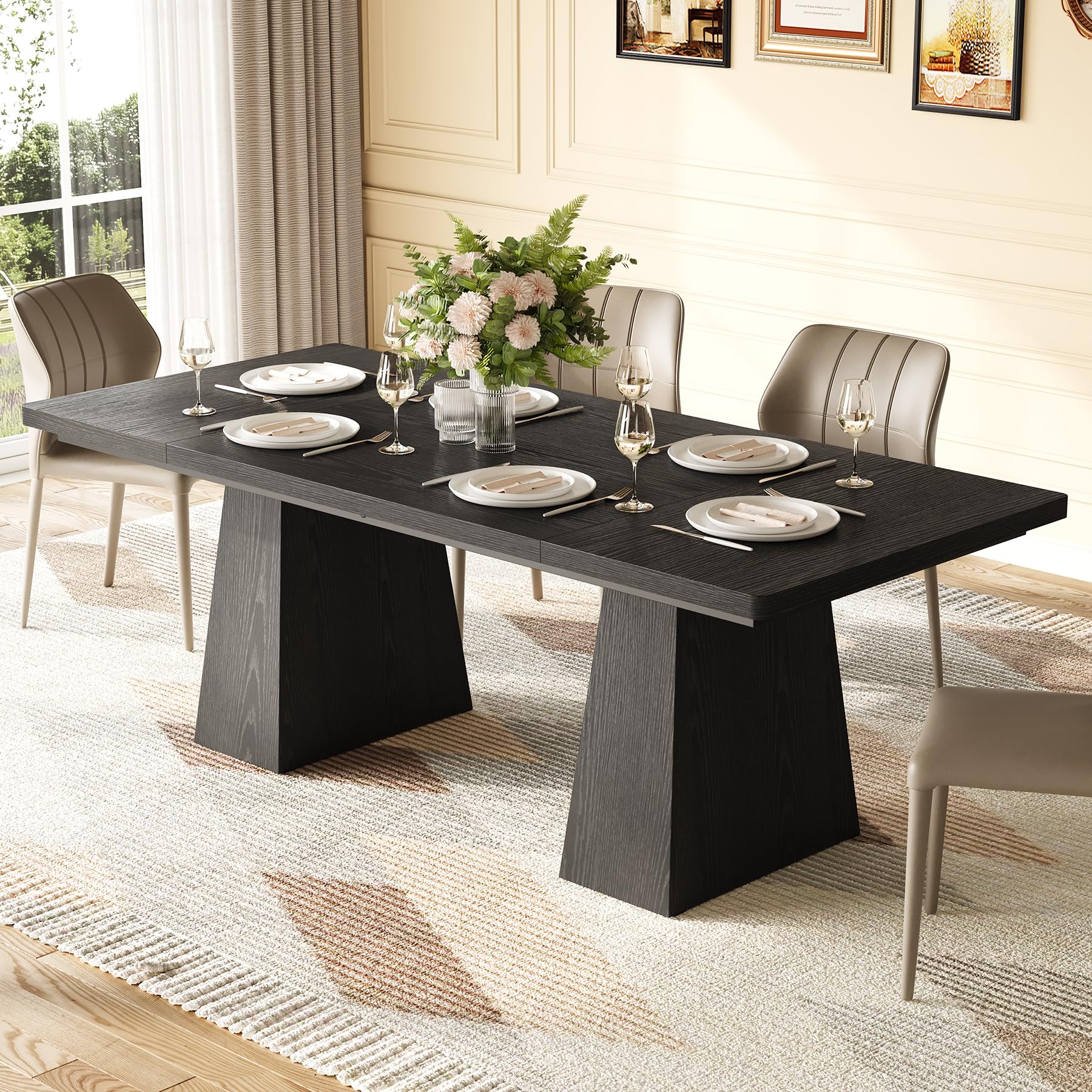 Dining Table for 6 People, Wooden Table, Rectangle Furniture with Heavy Duty Legs