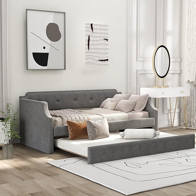 Upholstered Daybed with Trundle, Wood Slat Support,Upholstered Frame Sofa Bed, Twin