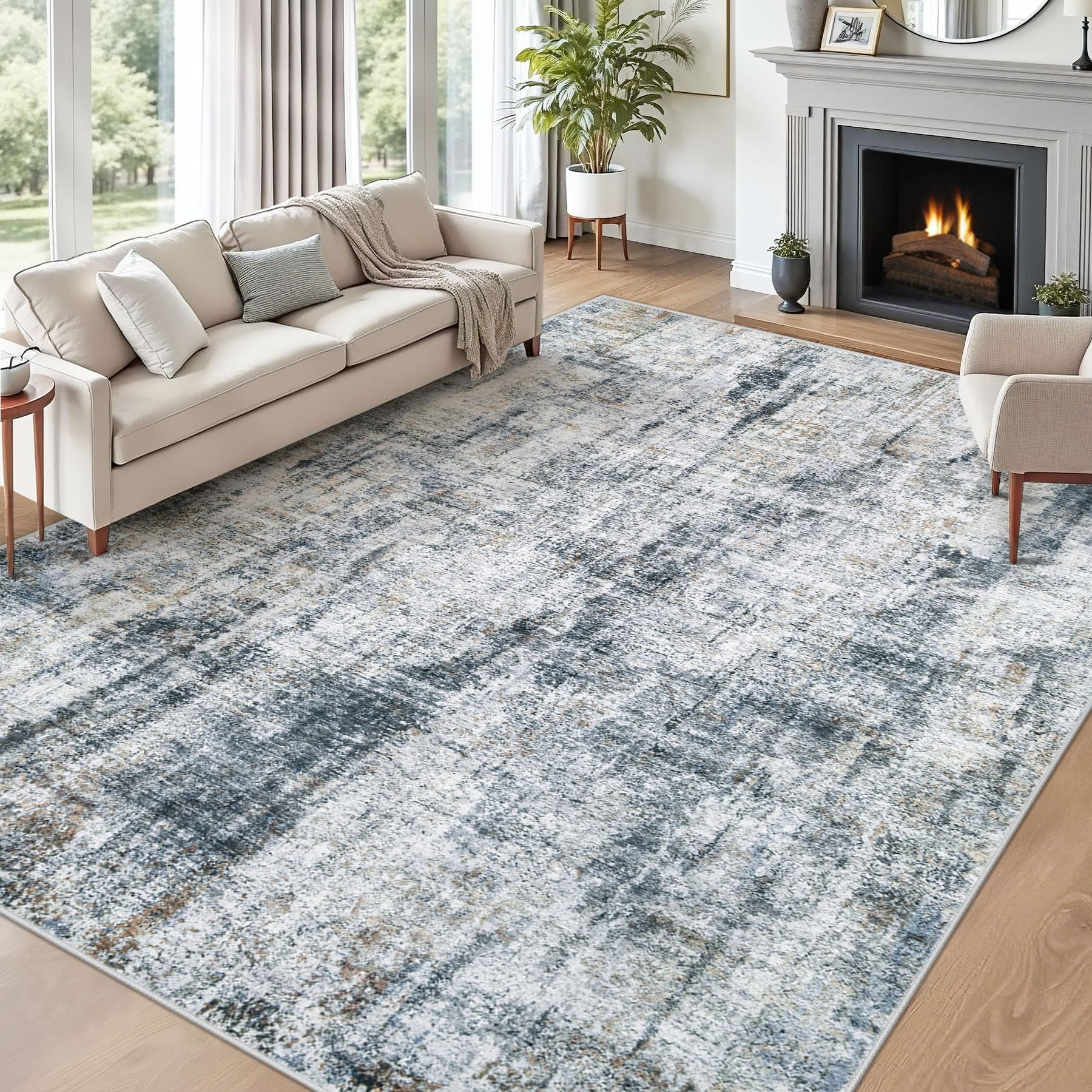 Area Rug 8x10 for Living Room: Abstract Large Rugs Neutral Modern Carpet
