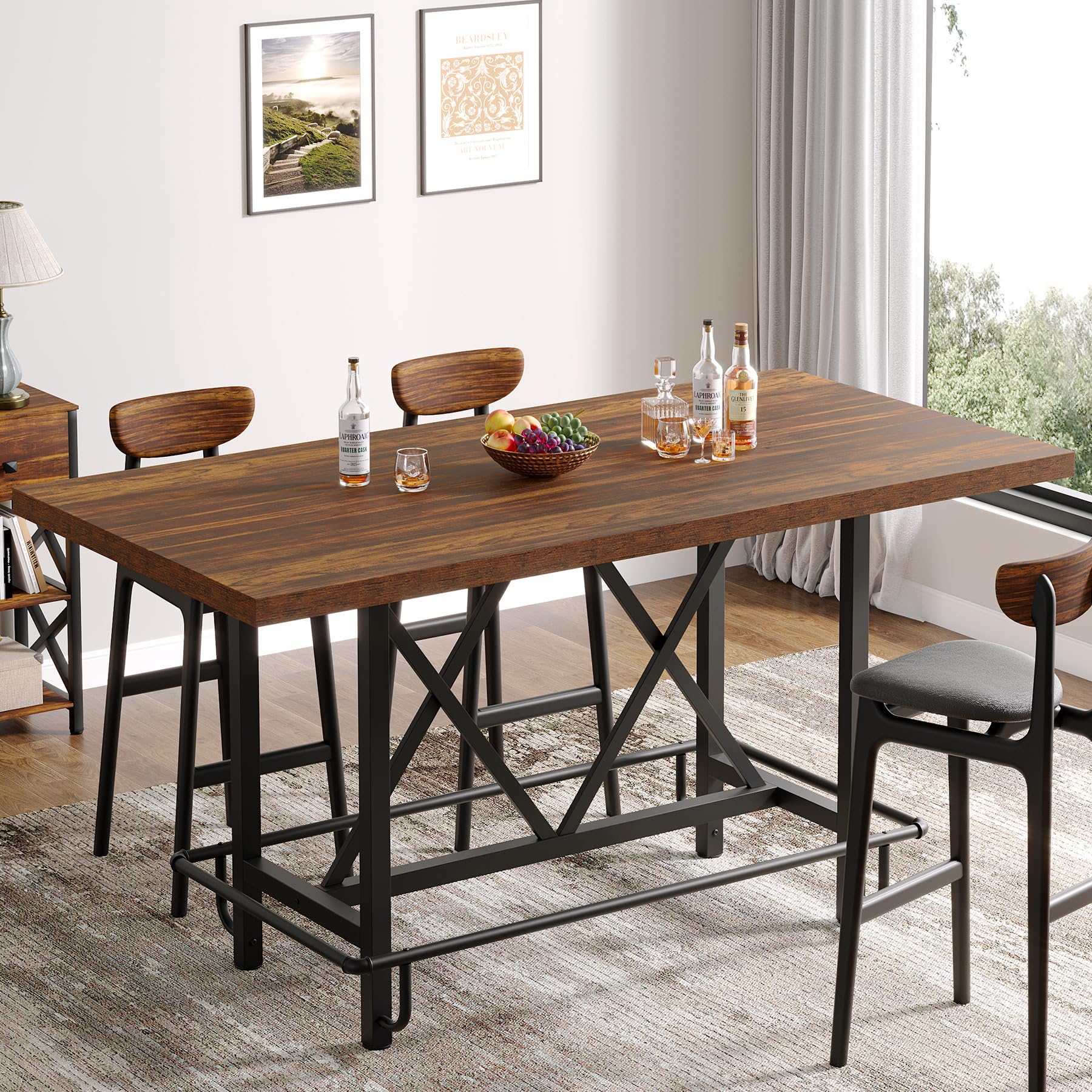 Bar Table, Industrial Counter Height Pub Table with Metal Footrest