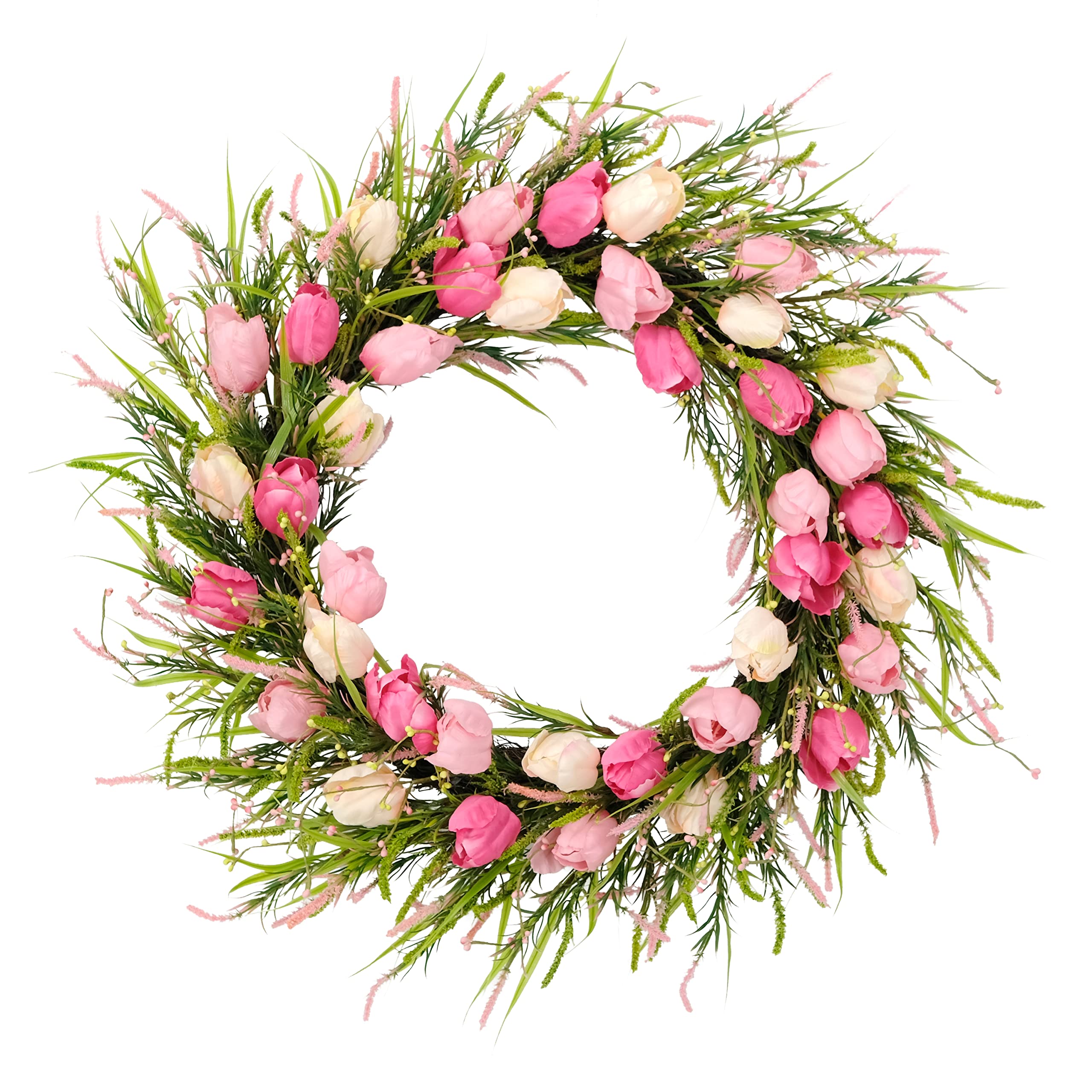 30" Artificial Tulip Floral Spring Door Wreath, Green/Pink