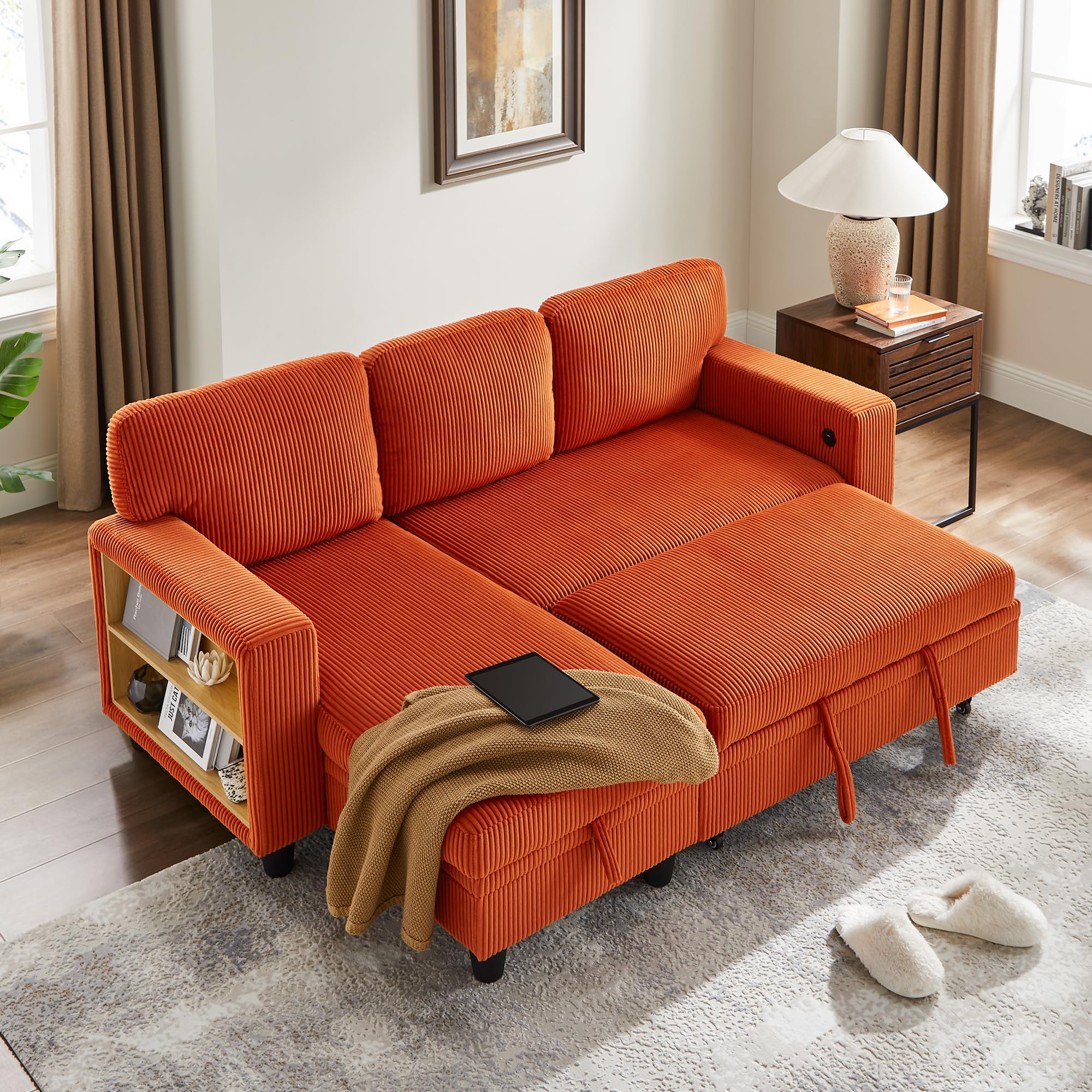 80'' Sleeper Sofa Bed,L-Shaped Sectional Corduroy Couch with Storage Chaise