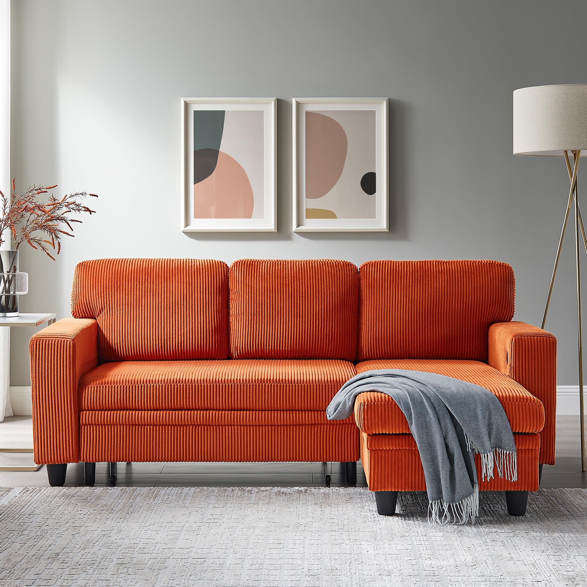 80'' Sleeper Sofa Bed,L-Shaped Sectional Corduroy Couch with Storage Chaise