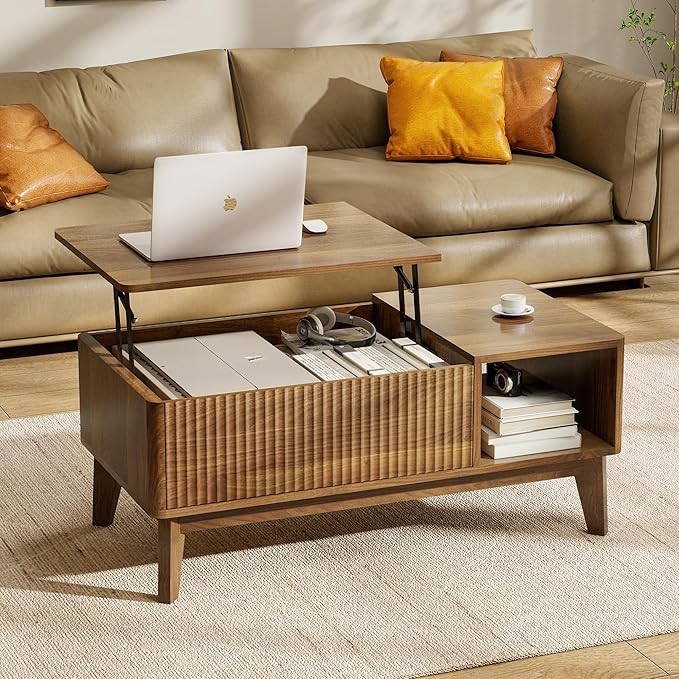 Fluted Lift Top Coffee Table with Hidden Compartment, Modern Center Table for Living