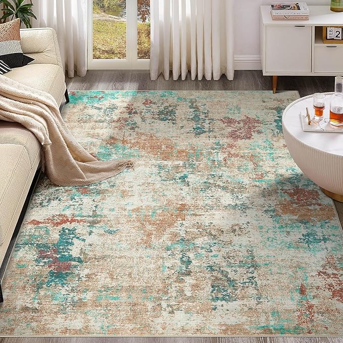 9x12 Area Rug Living Room Rugs - Washable Neutral Modern Abstract Soft Thin Large Rug