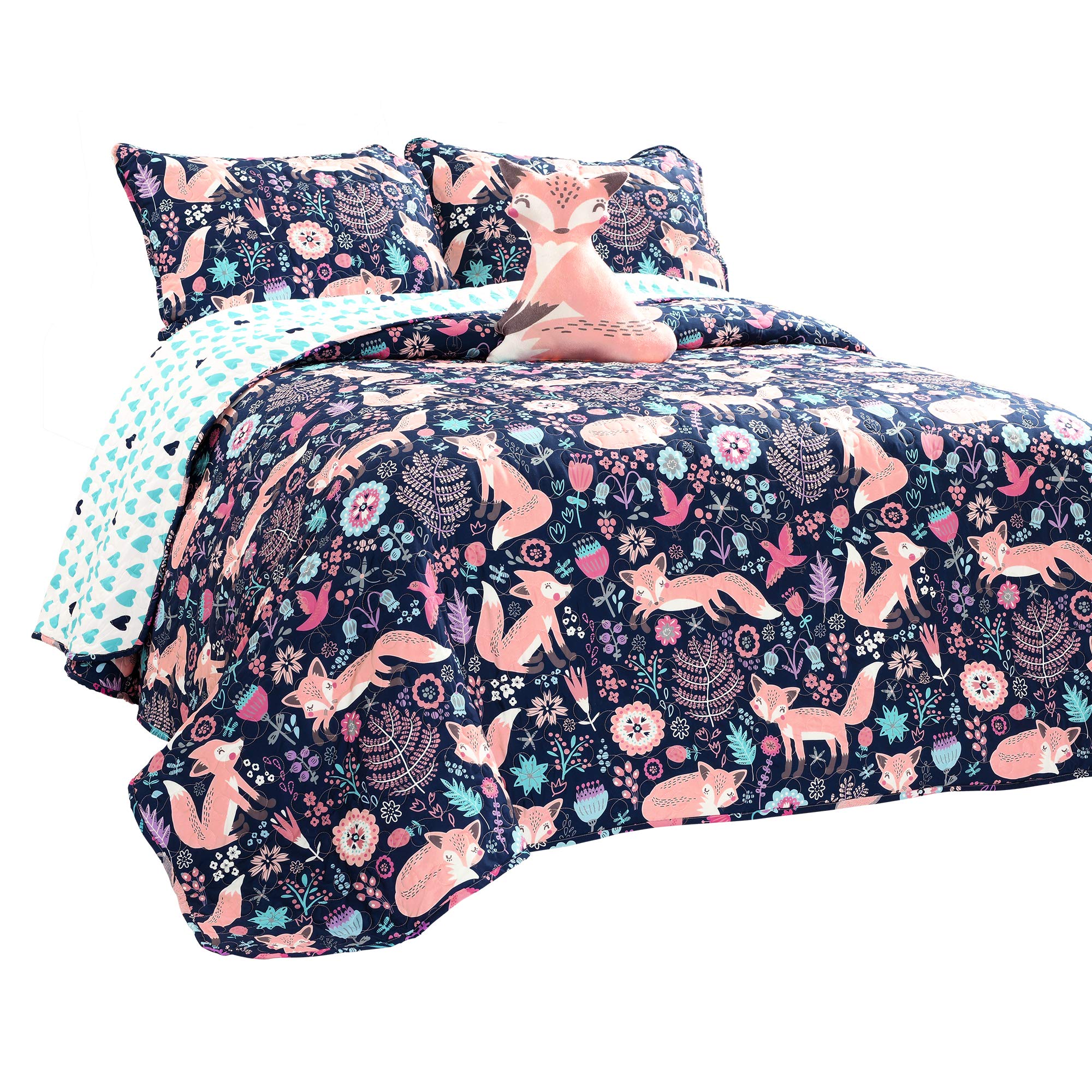 Pixie Fox Reversible Quilt Set, 4 Piece Set, Full/Queen, Navy & Pink - Fun