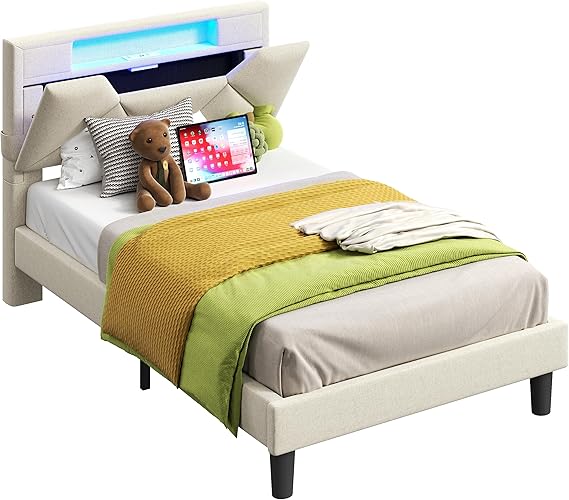 Twin Bed Frame with Storage Headboard, LED Lights Upholstered Platform Bed
