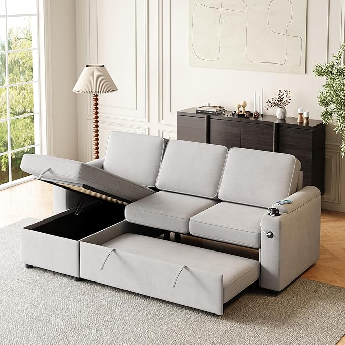 Sleeper Sectional Sofa W/Pull Out Bed,L Shaped Sofa Bed W/Storage Chaise
