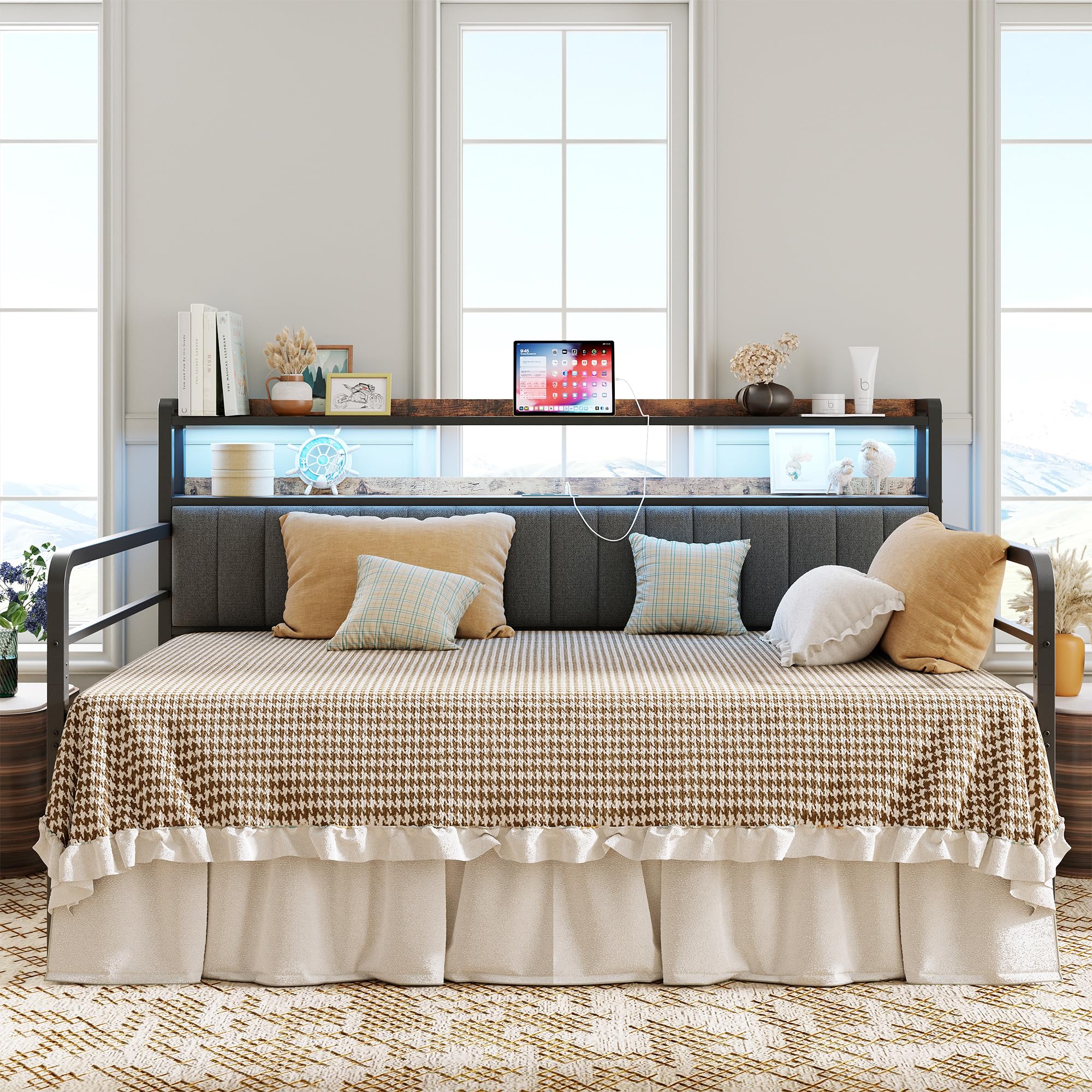 Daybed with Trundle, LED Lights and Charging Station, Twin Size Daybed