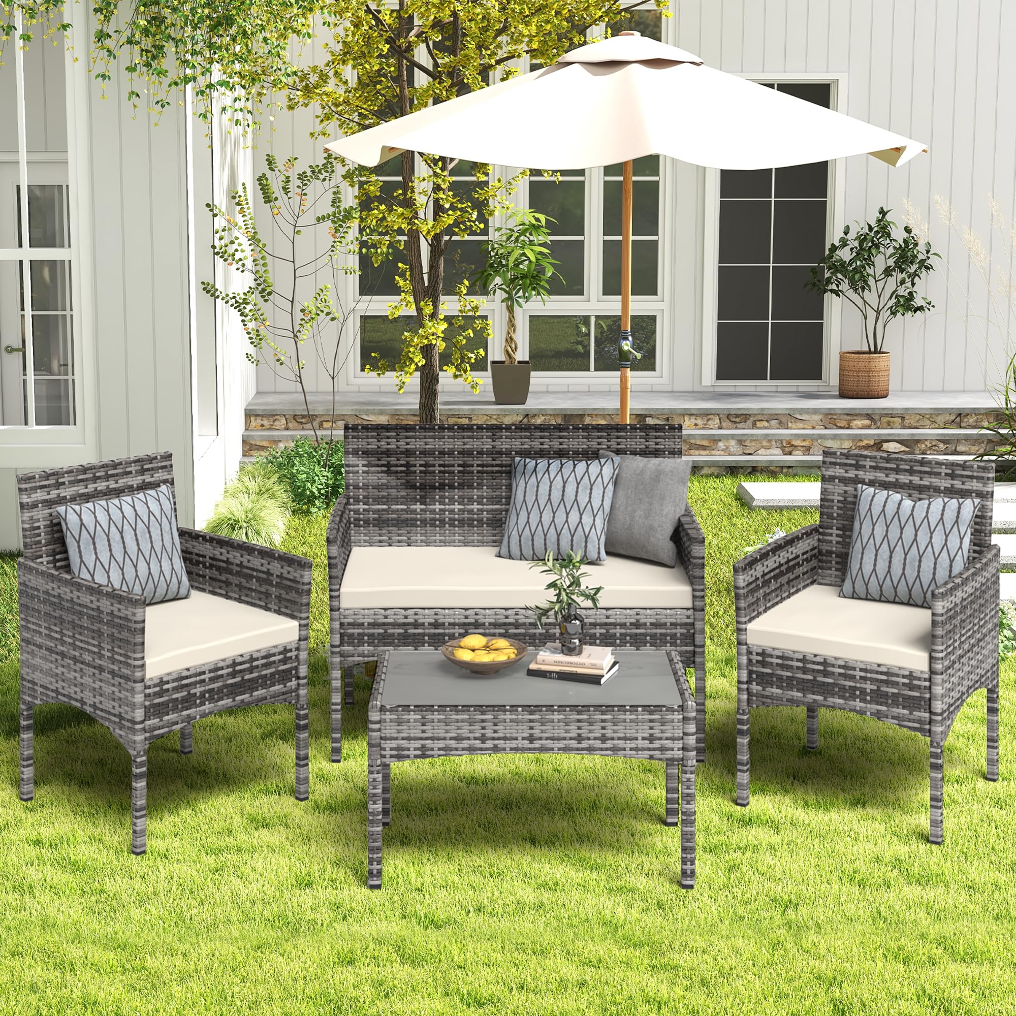 4 Pieces Patio Furniture Set, Outdoor Wicker Rattan Patio,Patio Furniture Sets