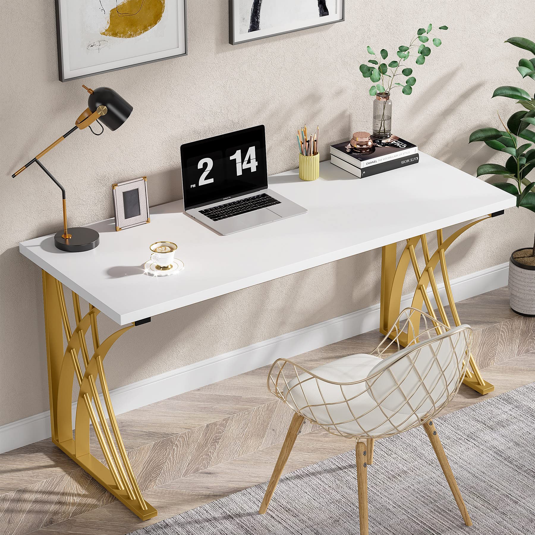 55’’ Large Modern Computer Desk, White & Gold Luxury Laptop PC Student Table