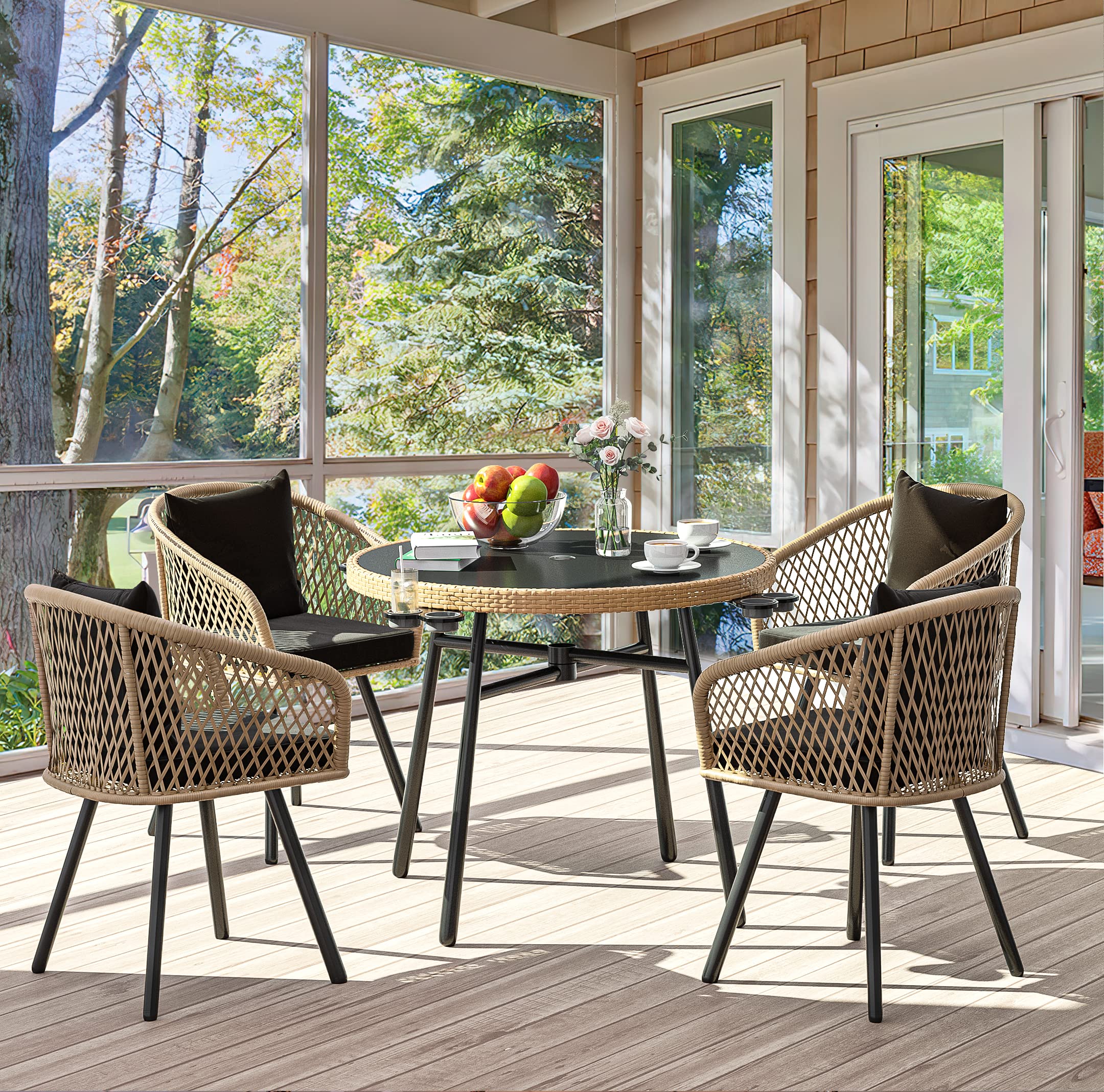 5-Piece Outdoor Dining Set with Umbralle Hole, Rattan Patio Dinging Set