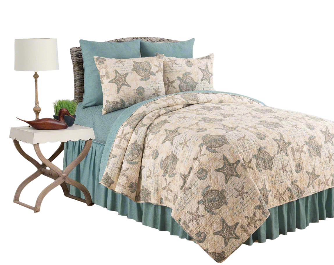Amber Sands King 3 Piece Quilt Set Summer Beach Ocean Coastal Starfish Seaturtle