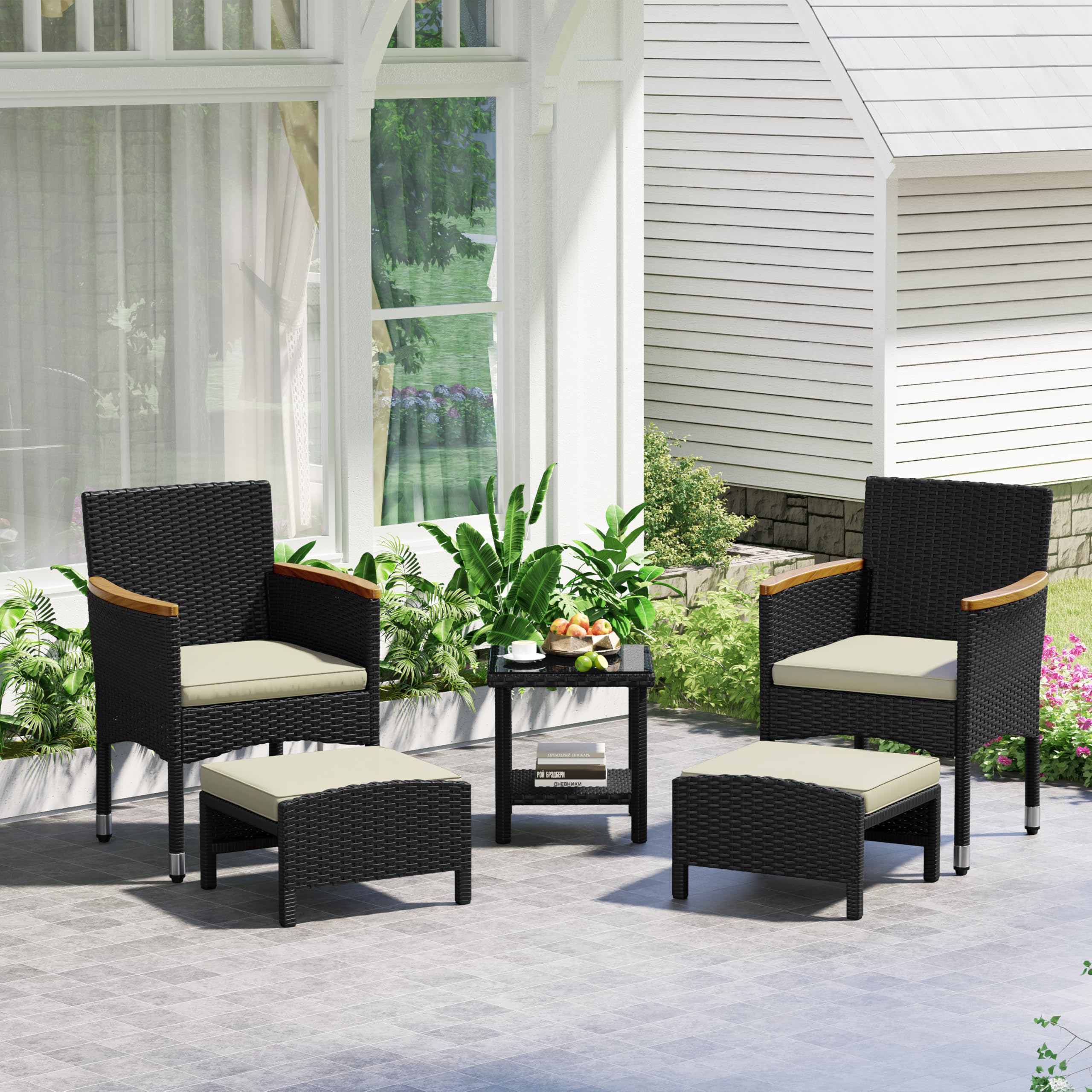 5 Piece Patio Conversation Set, Outdoor Wicker Bistro Furniture, PE Wicker