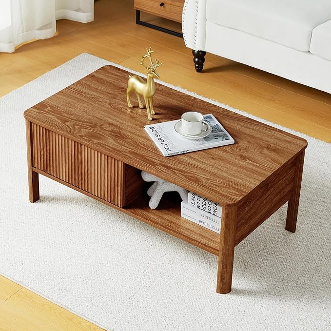Wooden Fluted Lift Top Coffee Table with Hidden Compartment, Modern Rectangle Center