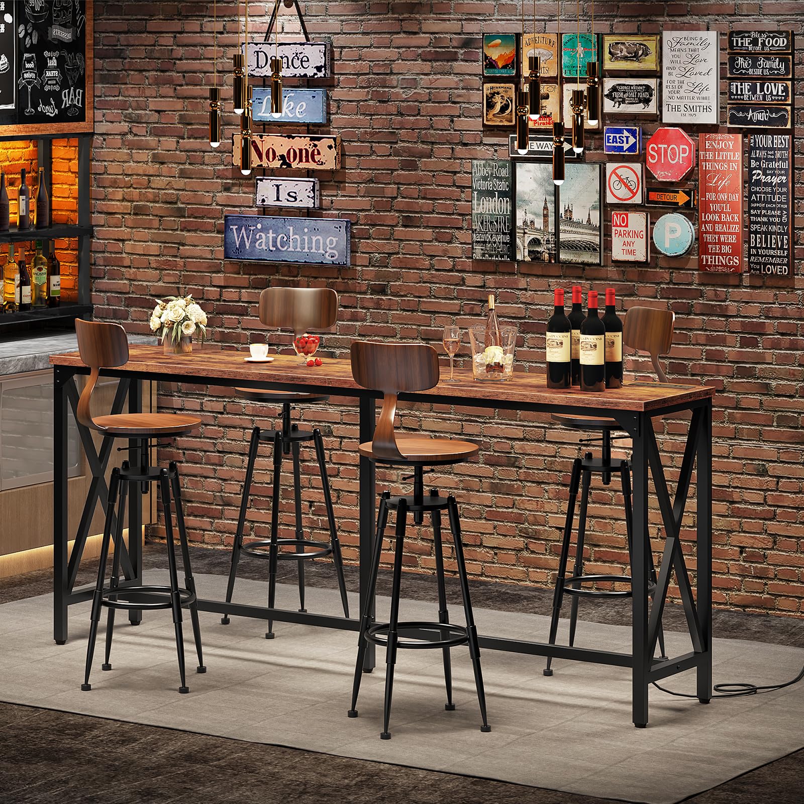 70.9'' Bar Table, Kitchen Dining Table with Power Outlet and Footrest