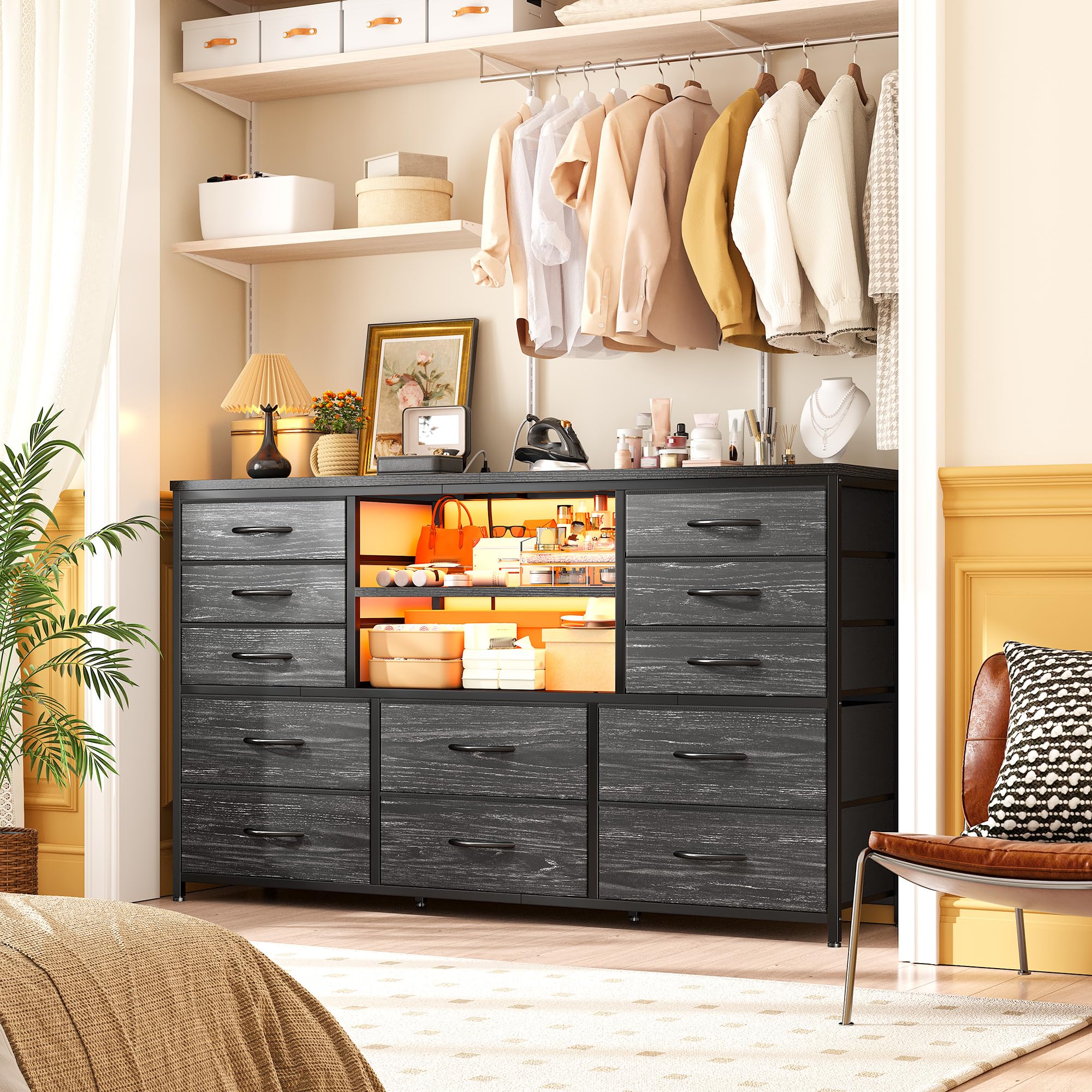 Black Dresser with LED Lights & Power Outlets