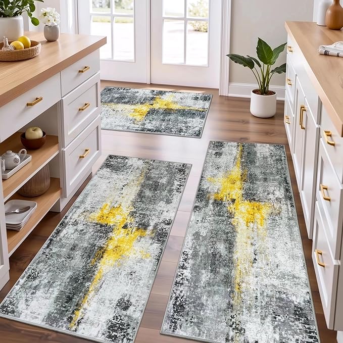 100% Non Slip Kitchen Rugs Sets of 3 Washable Kitchen Mats for Floor Abstract Kitchen