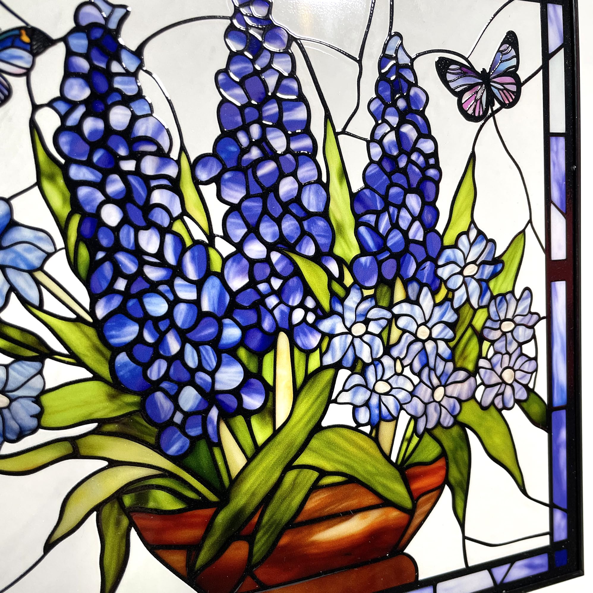 Bluebonnet Blue Iris Flower and Butterfly Stained Glass Panel Suncatcher Square