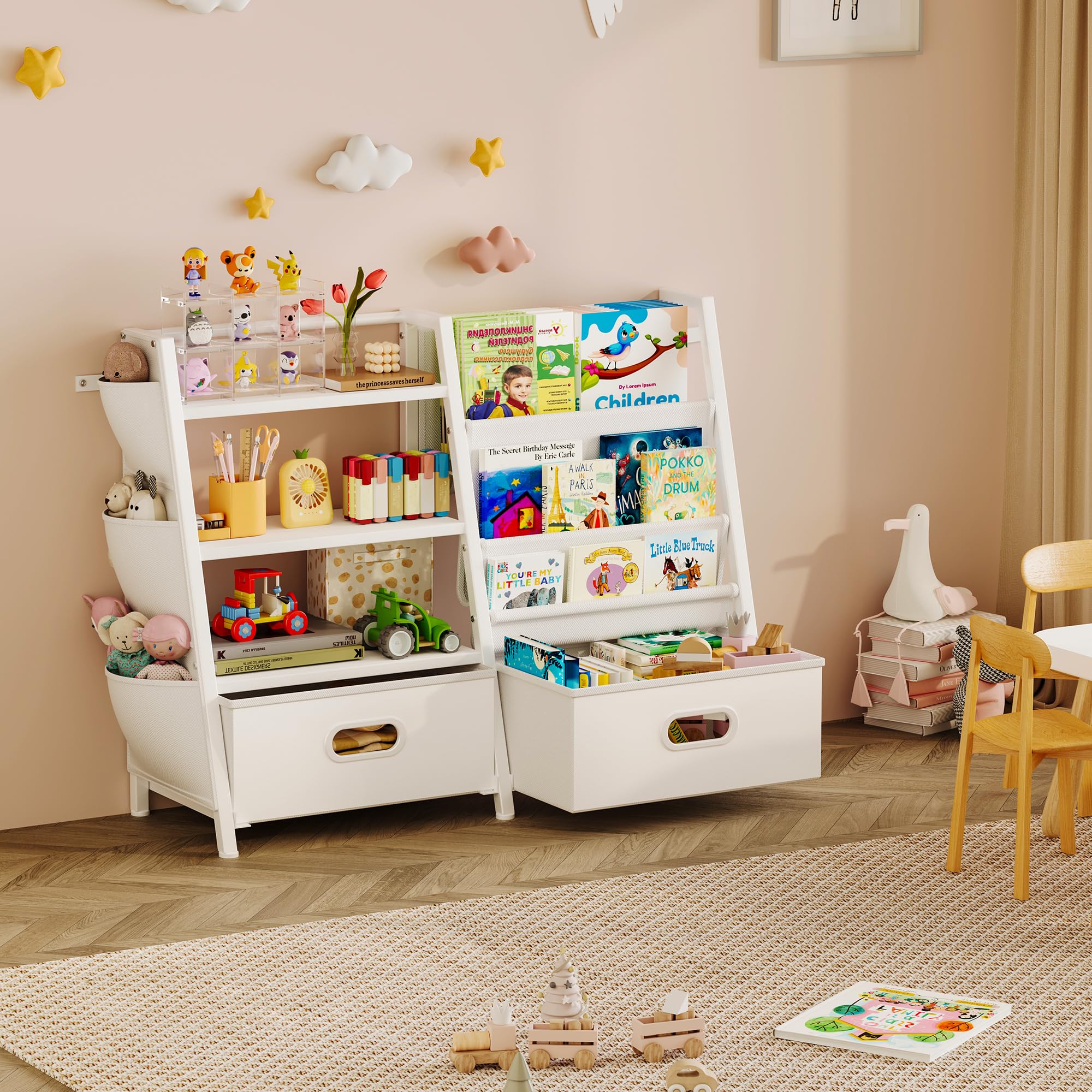 Kids Bookshelf and Toy Storage Organizer, 3 Tier Kids Bookcase, Sling Bookshelf and 2 Toy