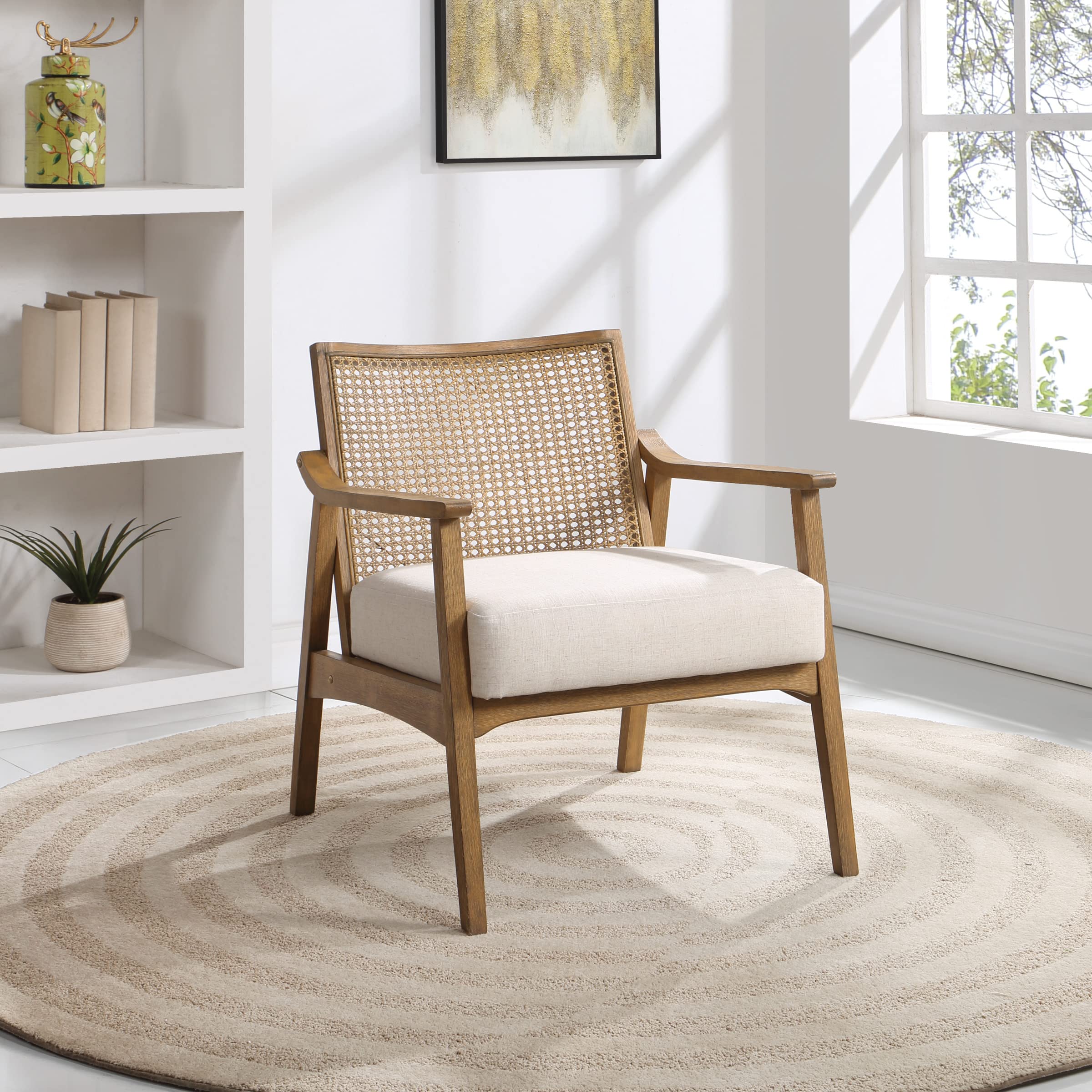 Alania Wood Accent Chair with Cane Back, Arms and Padded Seat, Linen Fabric