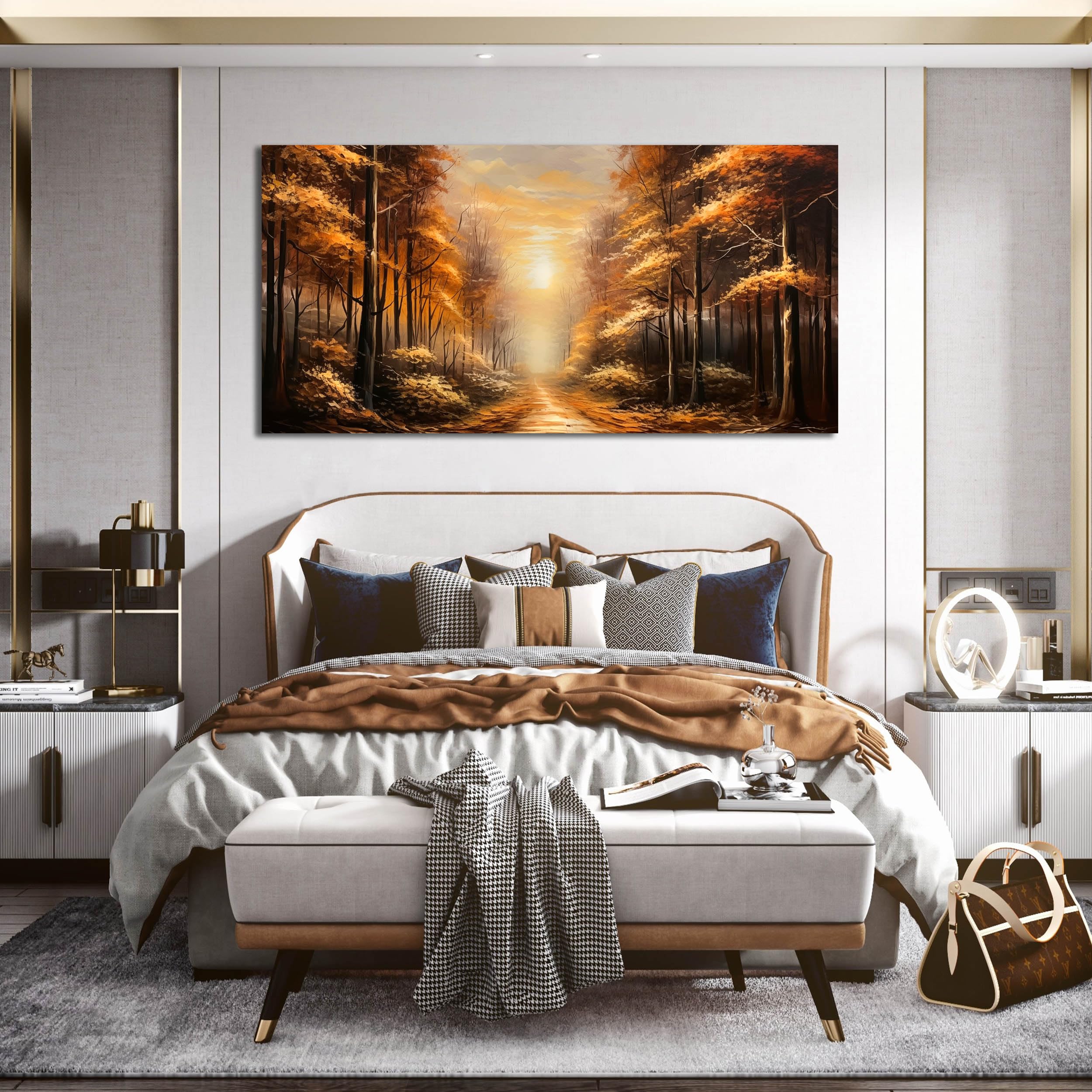 Large Wall Art for Living Room Bedroom Office Gold Forest Artwork Sunrise Landscape