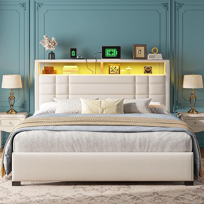 Queen Bed Frame with 2-Tier Storage Headboard, Queen Size Bed Frame