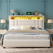 Queen Bed Frame with 2-Tier Storage Headboard, Queen Size Bed Frame