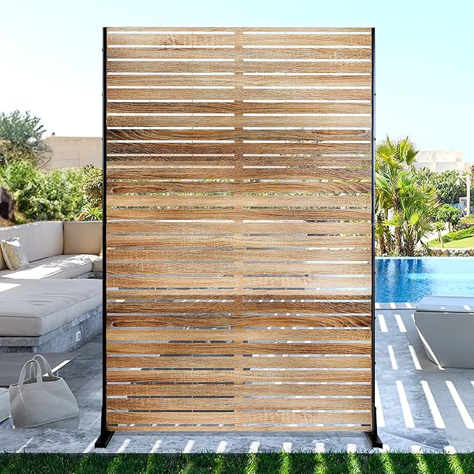 Metal Privacy Screen Outdoor 72" H×47" W Natural Wood Brown Patio Privacy Screen