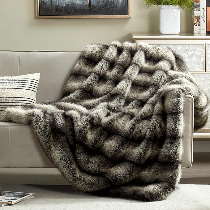 High-end Premium Fuzzy Faux Wolf Fur Throw Blanket 50" x 60"