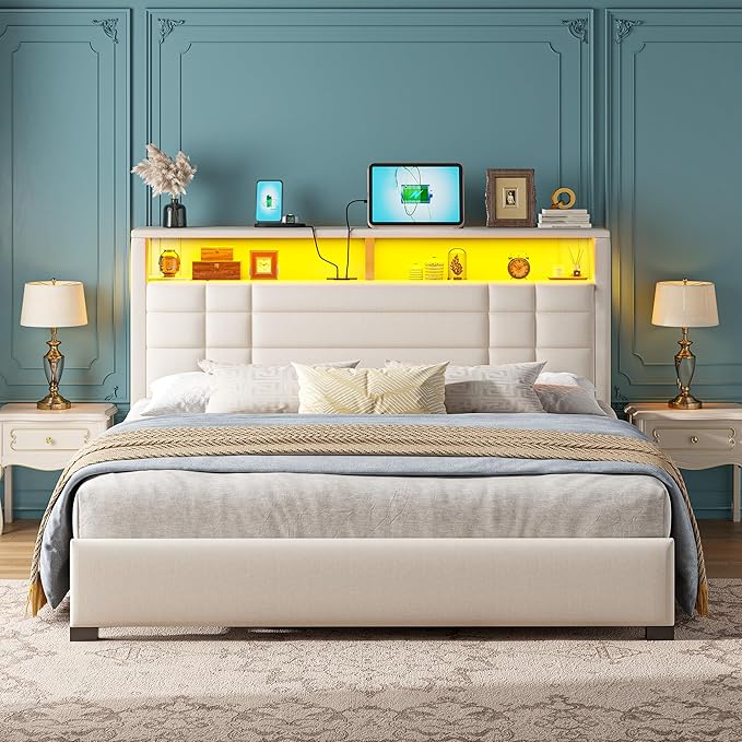 Queen Bed Frame with 2-Tier Storage Headboard, Queen Size Bed Frame