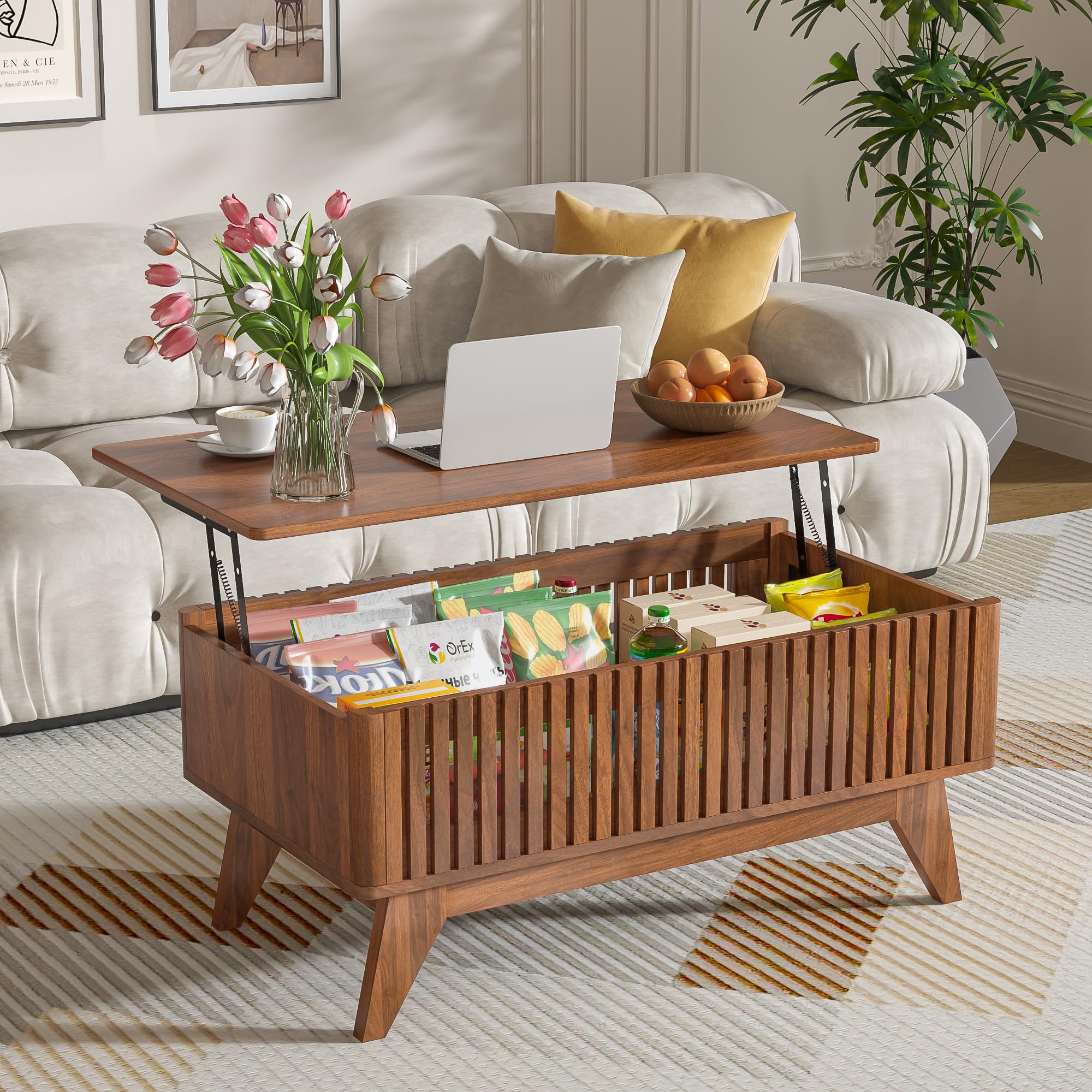 Lift Top Coffee Table with Hidden Compartment, Mid Century Modern Coffee Table