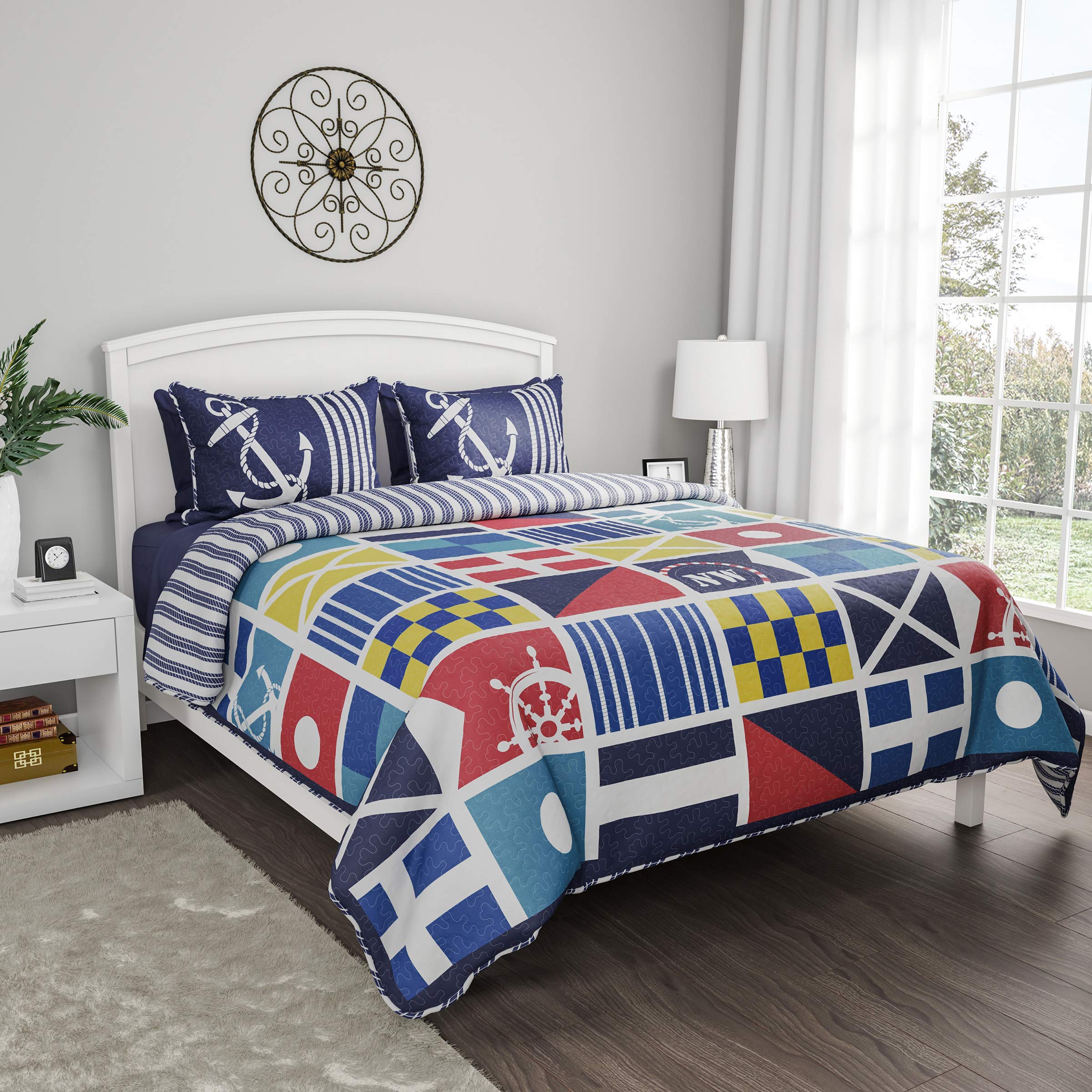 Quilt Bedspread Set with Exclusive Mariner Design- 2 Piece Twin XL Set with Pillow Sham