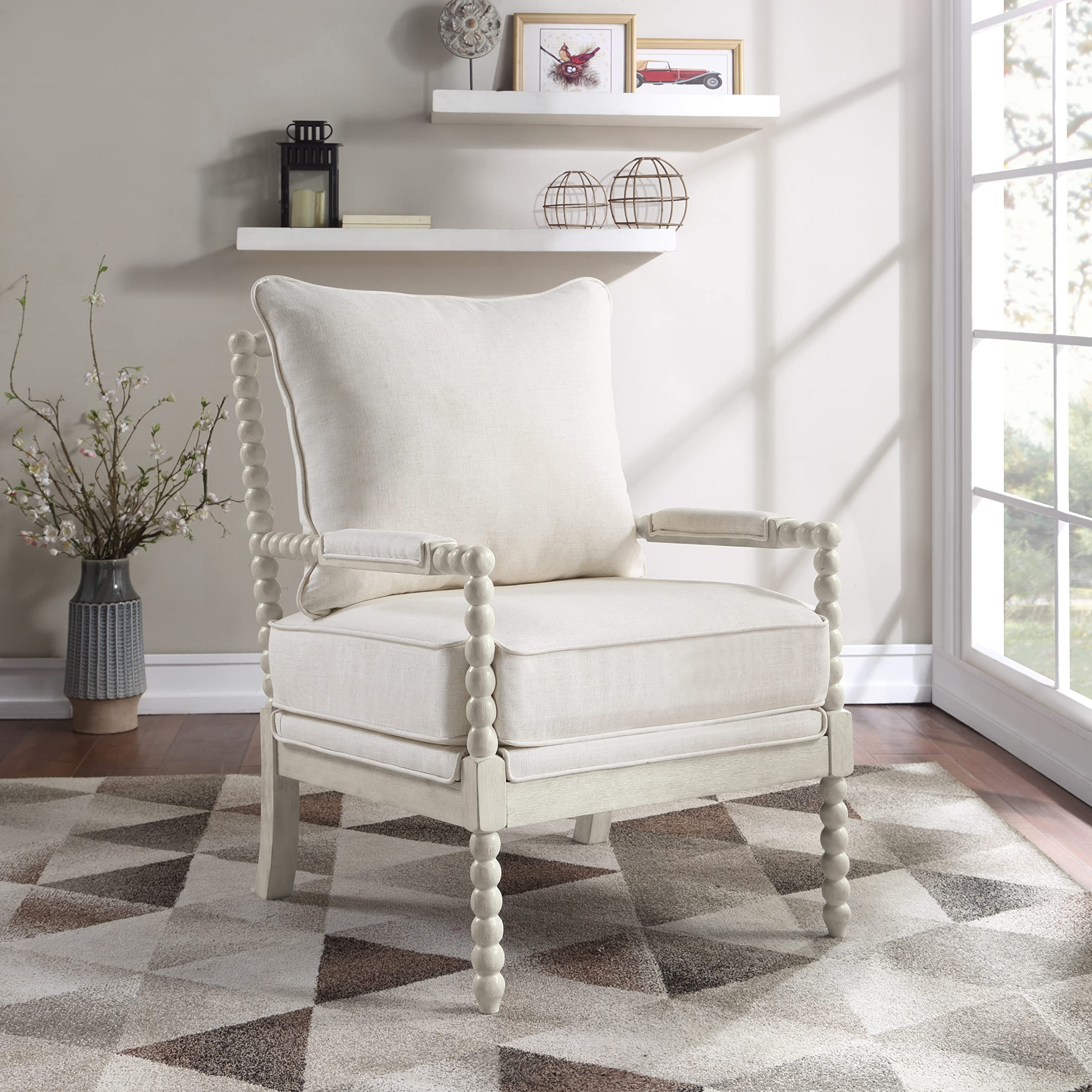 Kaylee Spindle Accent Chair with Antique White Wood Frame, White Linen Fabric
