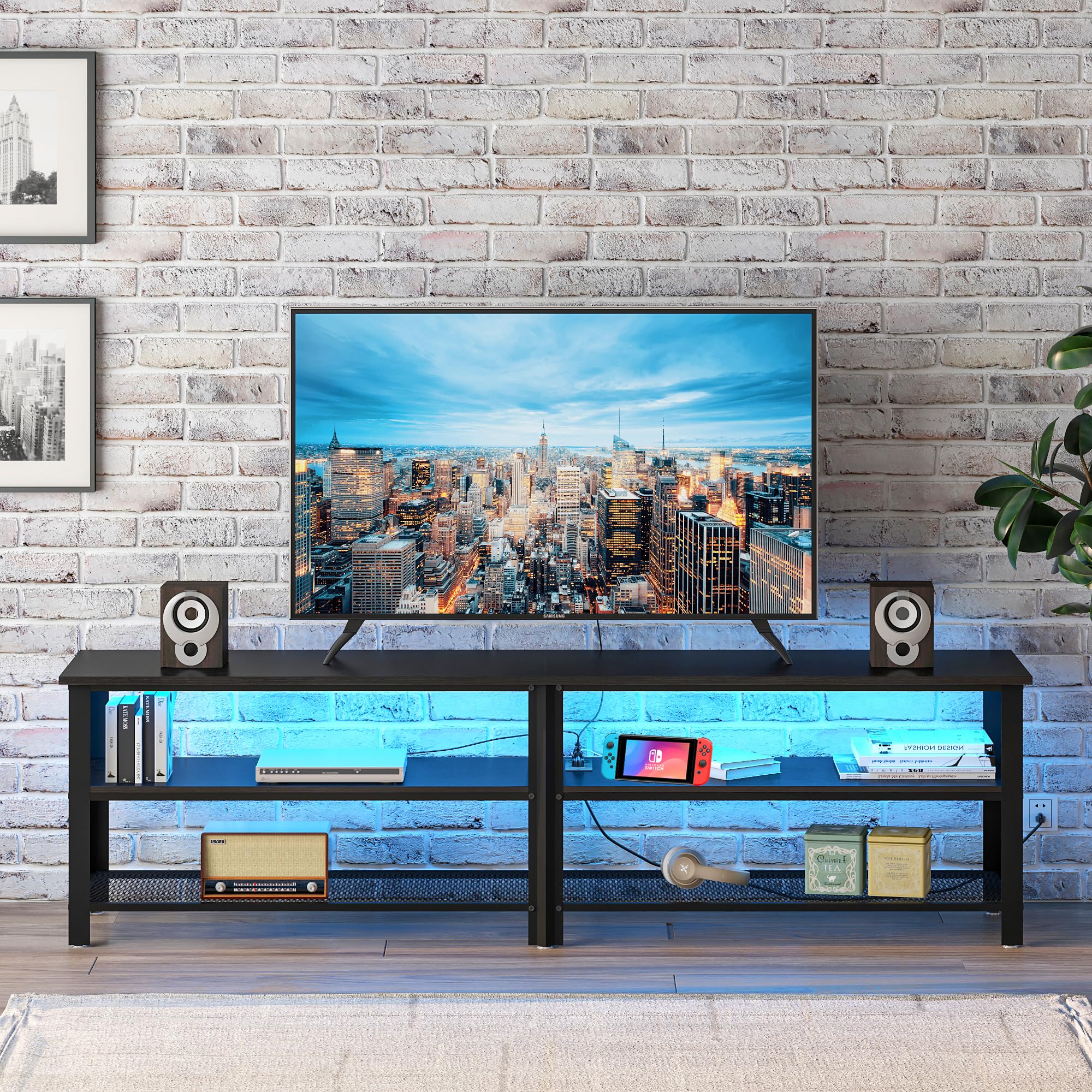 Modern Black 71 inch Metal TV Stand with LED Lights