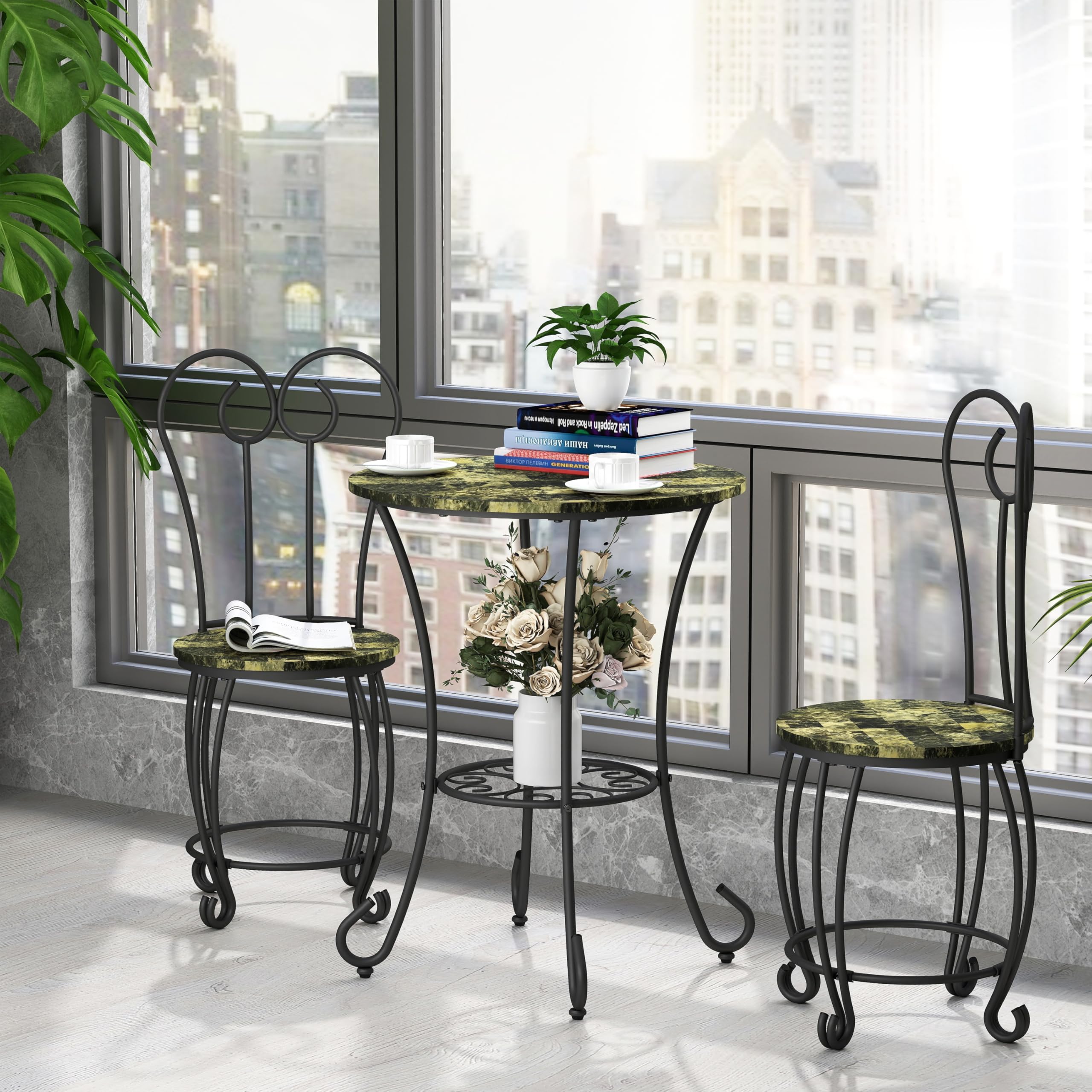 3-Piece Bistro Table Set, American Style Wrought Iron Dining Set with Round Table & 2 Chairs