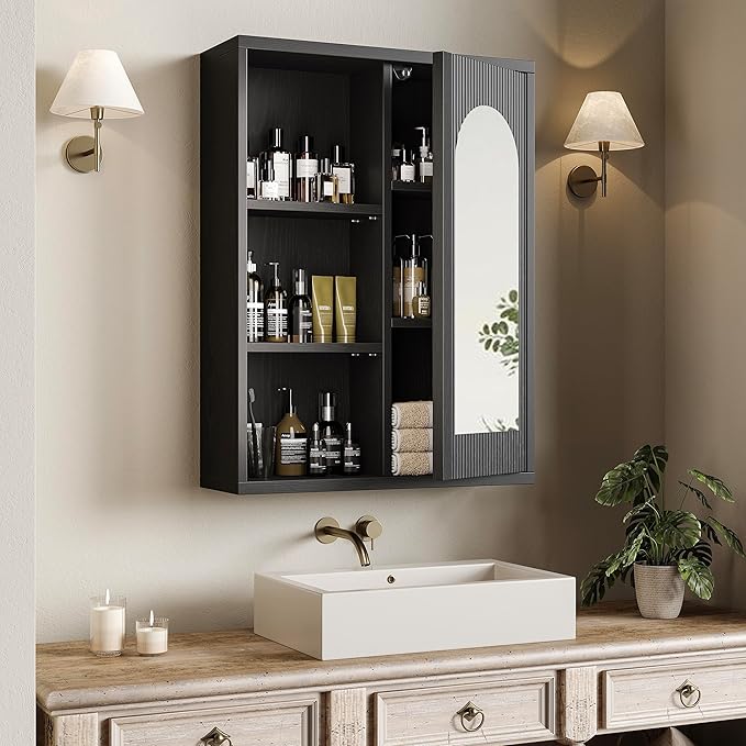 20’’x26’’ Medicine Cabinet, Bathroom Cabinet Wall Mounted with Fluted Door & Arch Mirror
