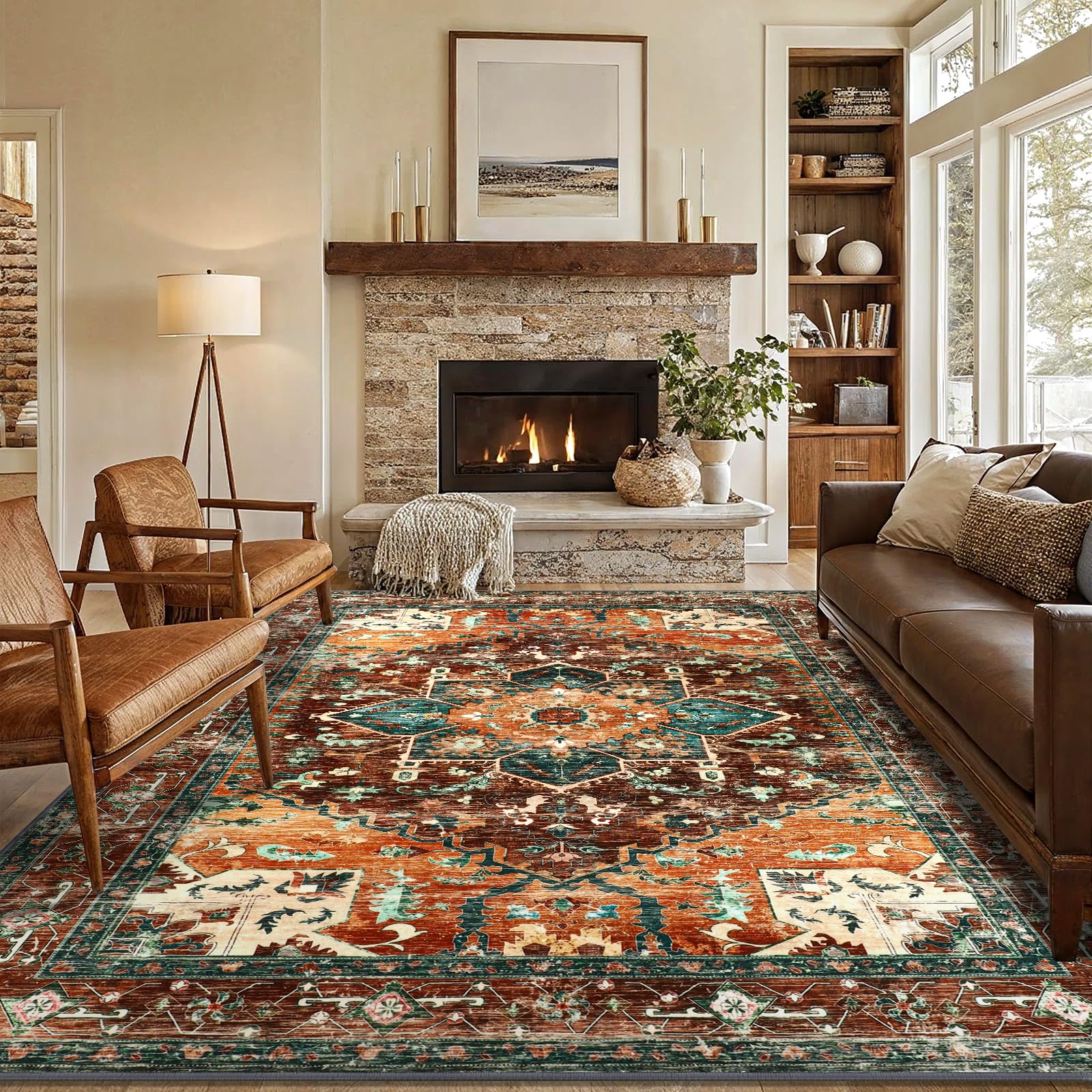 8x10 Large Area Rug, Non-Slip Washable Boho Vintage Living Room Bedroom Rug