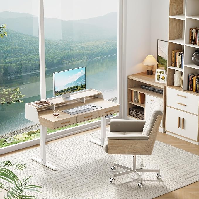 Standing Desk with 3 Drawers, 48 x 26 Inches Height Adjustable Desk with Monitor Shelf