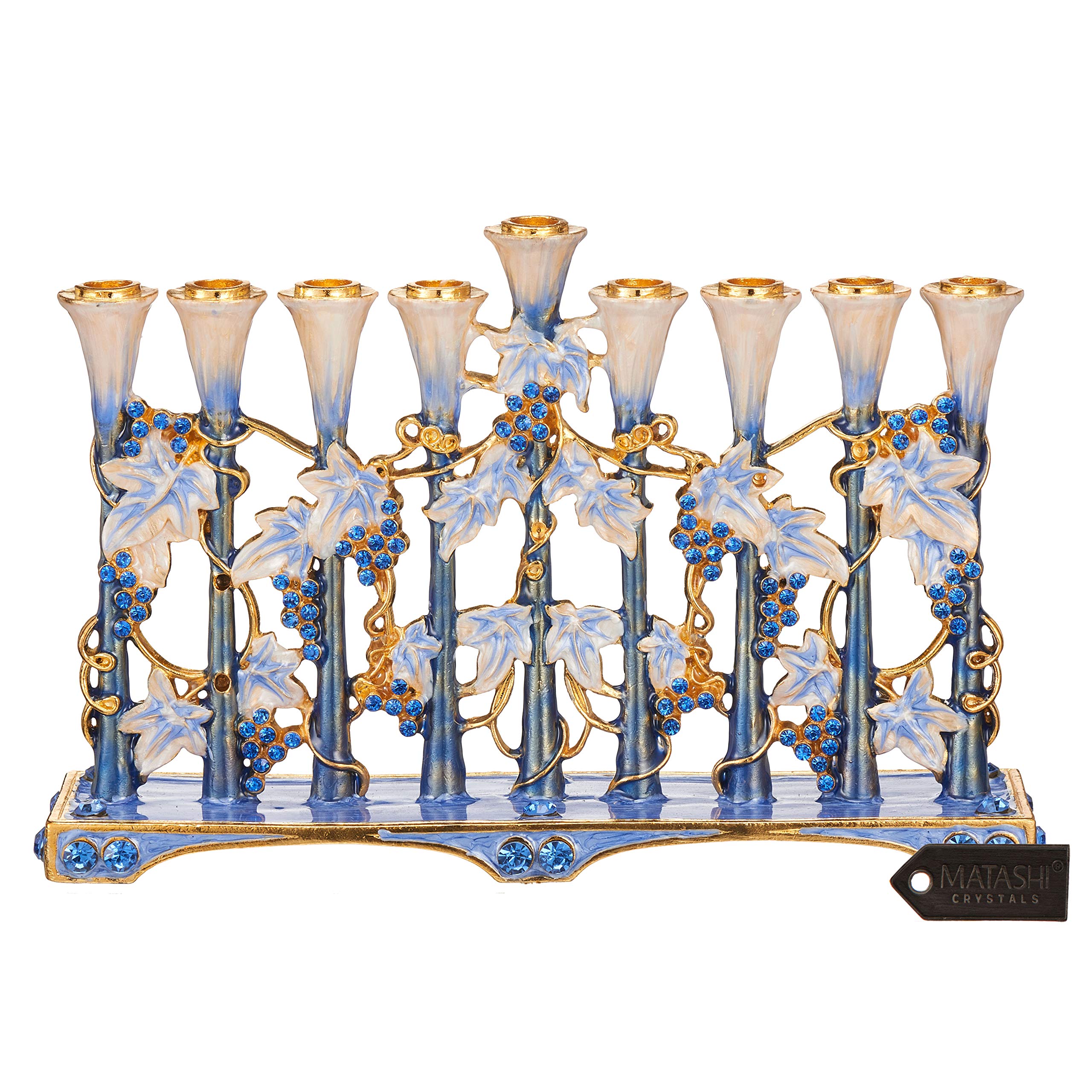 Hand Painted Blue and Ivory Tulip Menorah Candelabra, Embellished