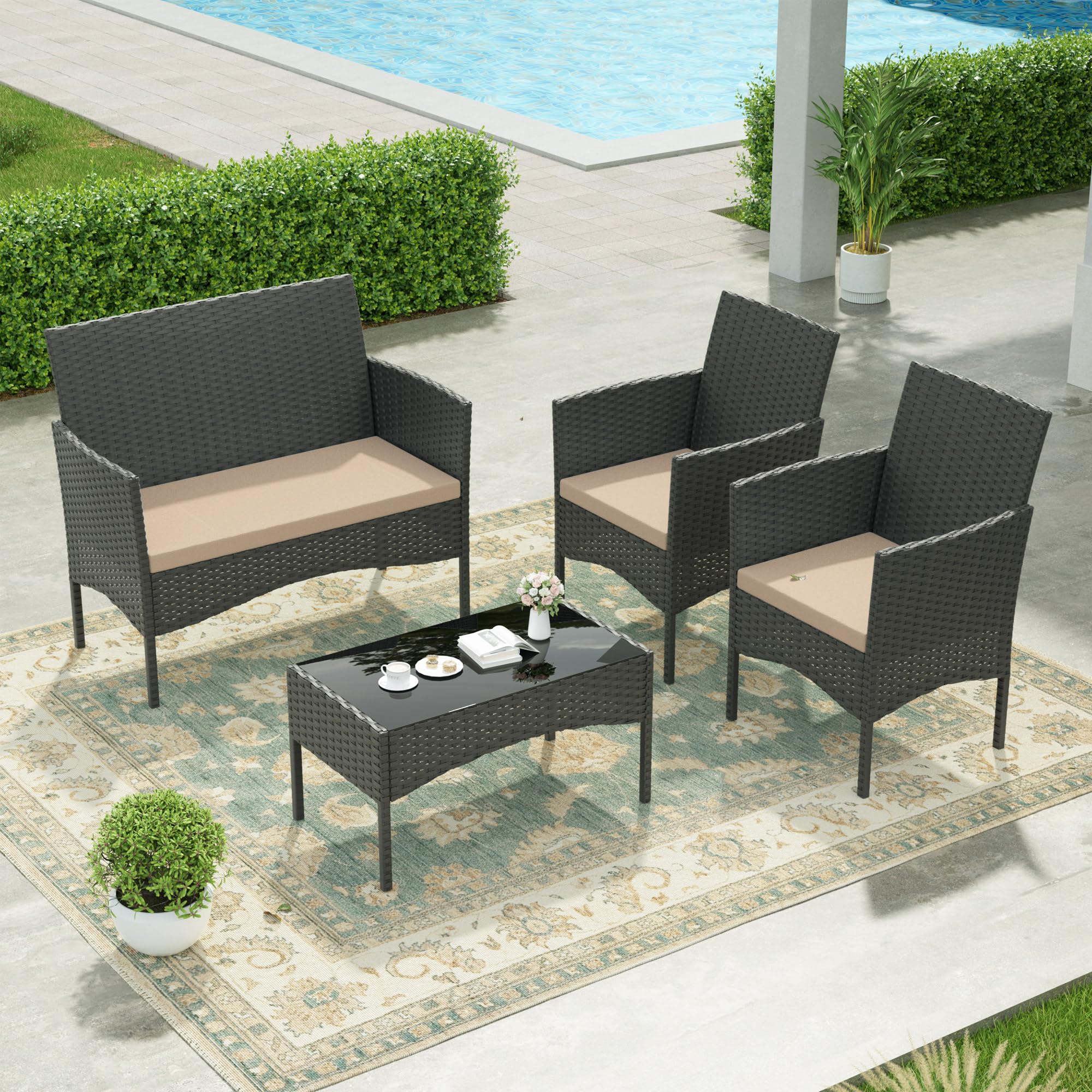 4 Pieces Outdoor Patio Furniture Set,PE Wicker Rattan Chairs Garden Conversation