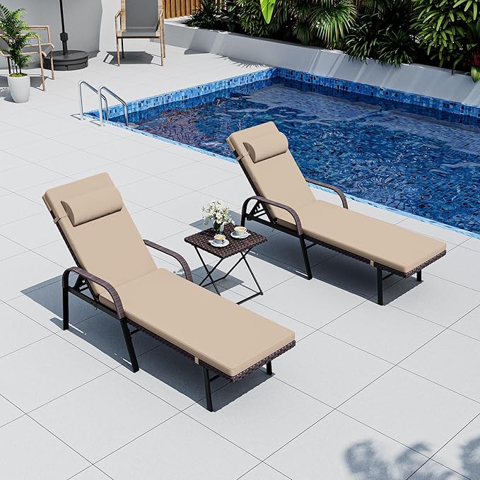 3 Pieces Patio Chaise Lounger,Aluminum Outdoor Loungers with Adjustable Backrest