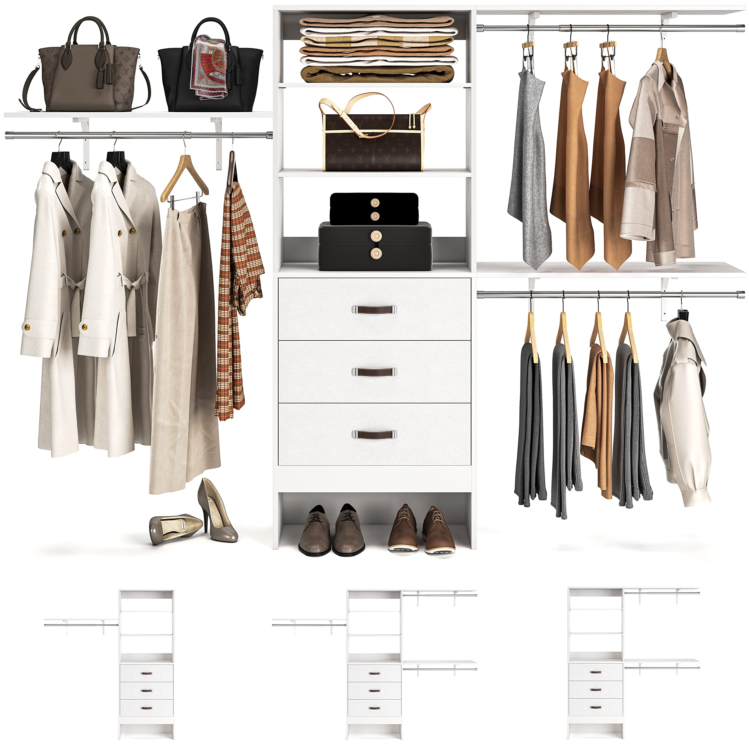 96 Inches Closet System, 8FT Walk In Closet Organizer with 3 Shelving Towers