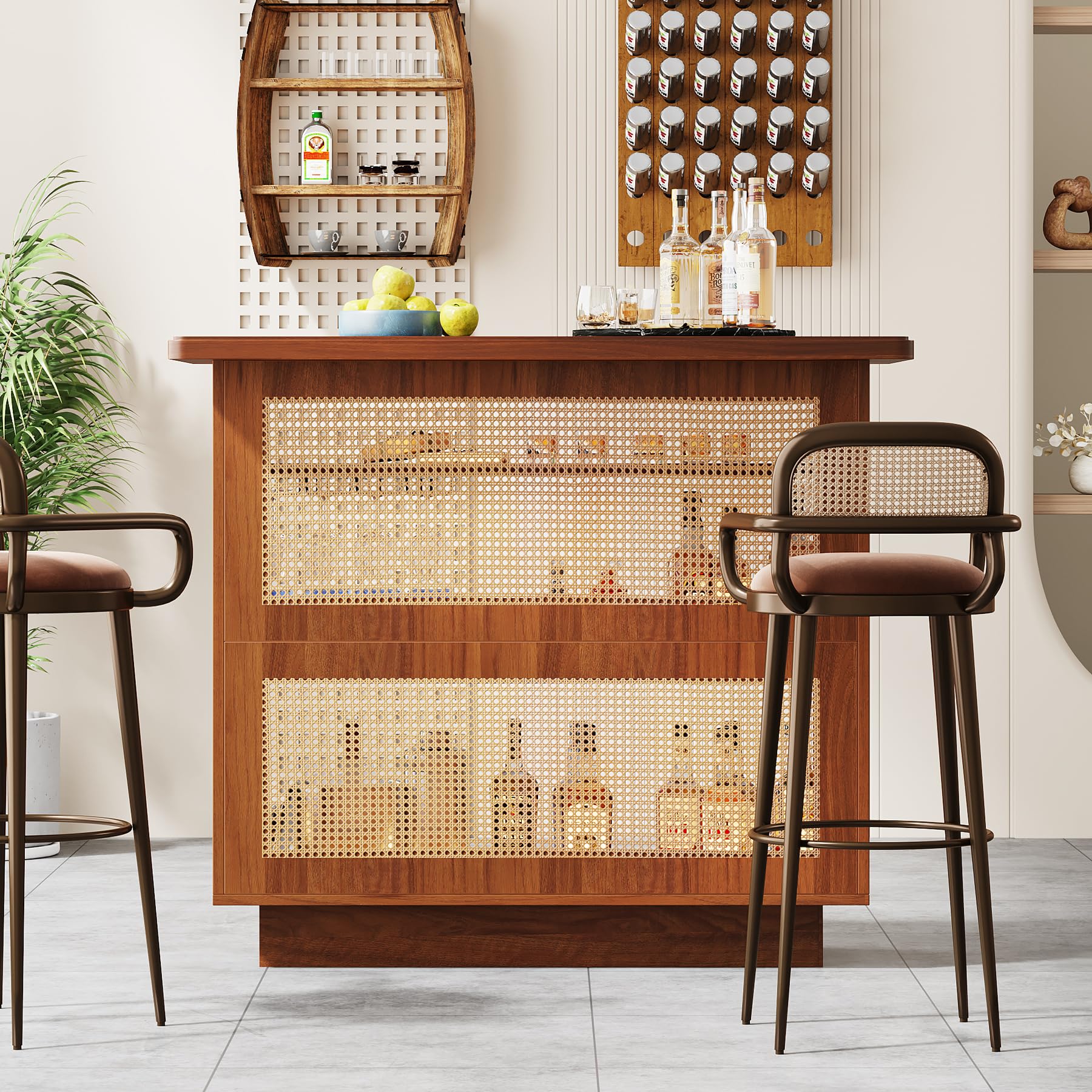 Rattan Home Bar Unit, Farmhouse 4-Tier Bar Table with 4 Stemware Racks
