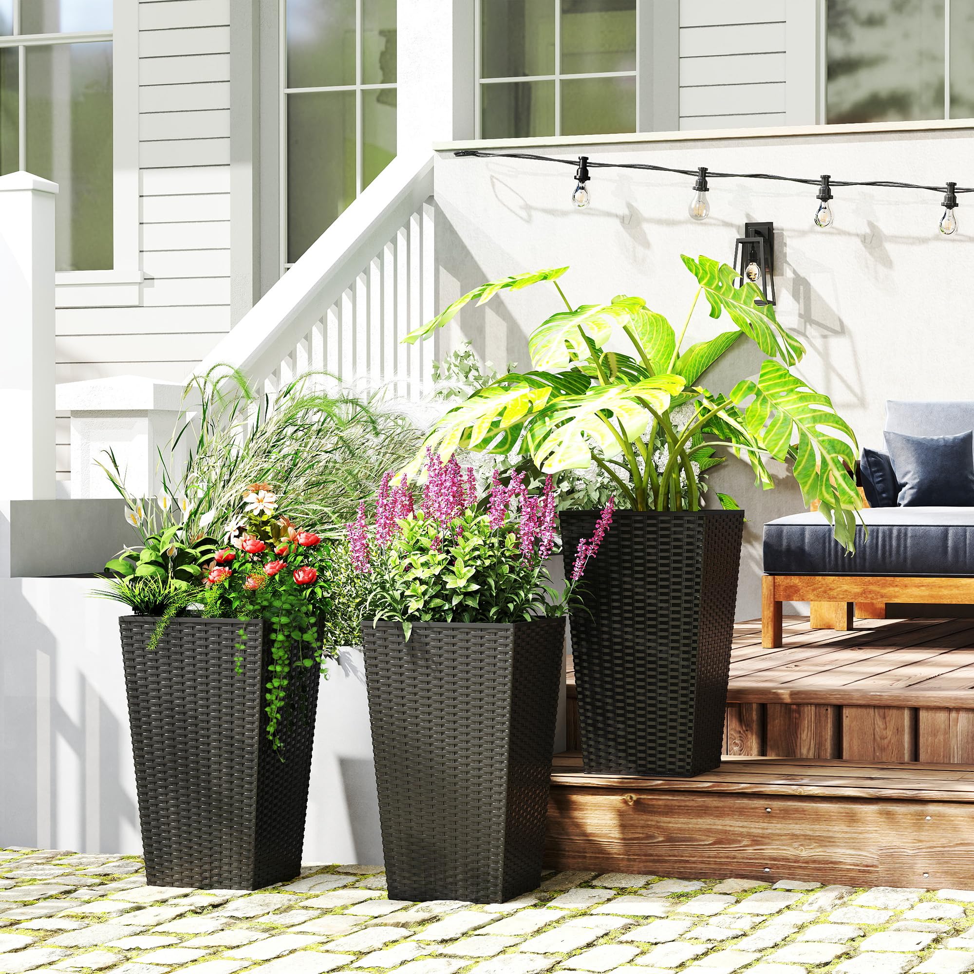 Tall Planters for Outdoor Plants Set of 3, 24 in Taper Planters with Drainage Holes