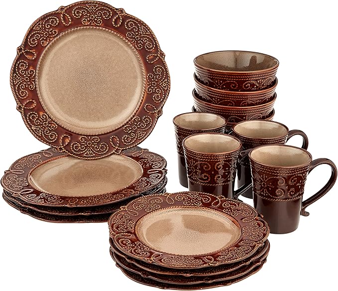Round Decorated Stoneware Scallop Embossed Dinnerware Dish Set, 16 Piece, Luna